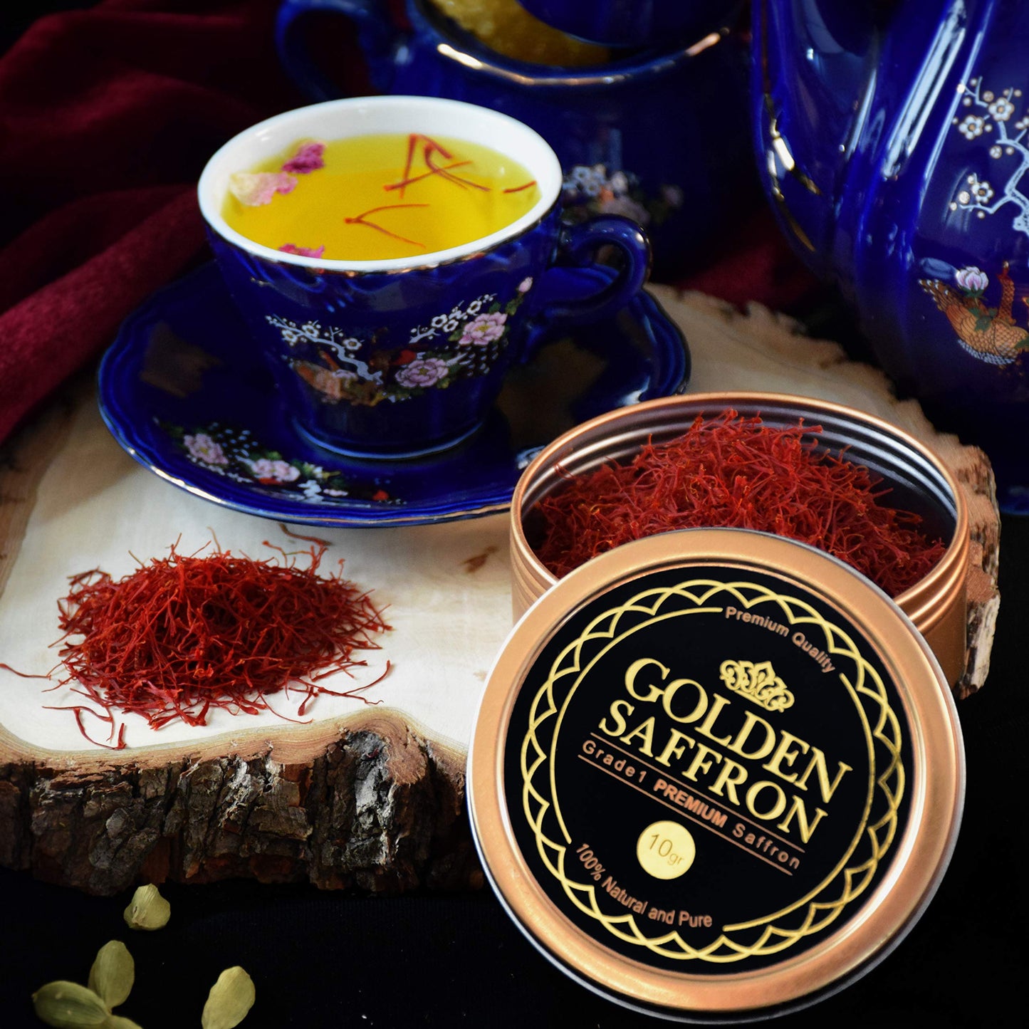 Golden Saffron, Finest Pure Premium All Red Saffron Threads, Grade A+ Super Negin, Non-Gmo Verified. For Tea, Paella, Rice, Desserts, Golden Milk And Risotto (10 Grams)
