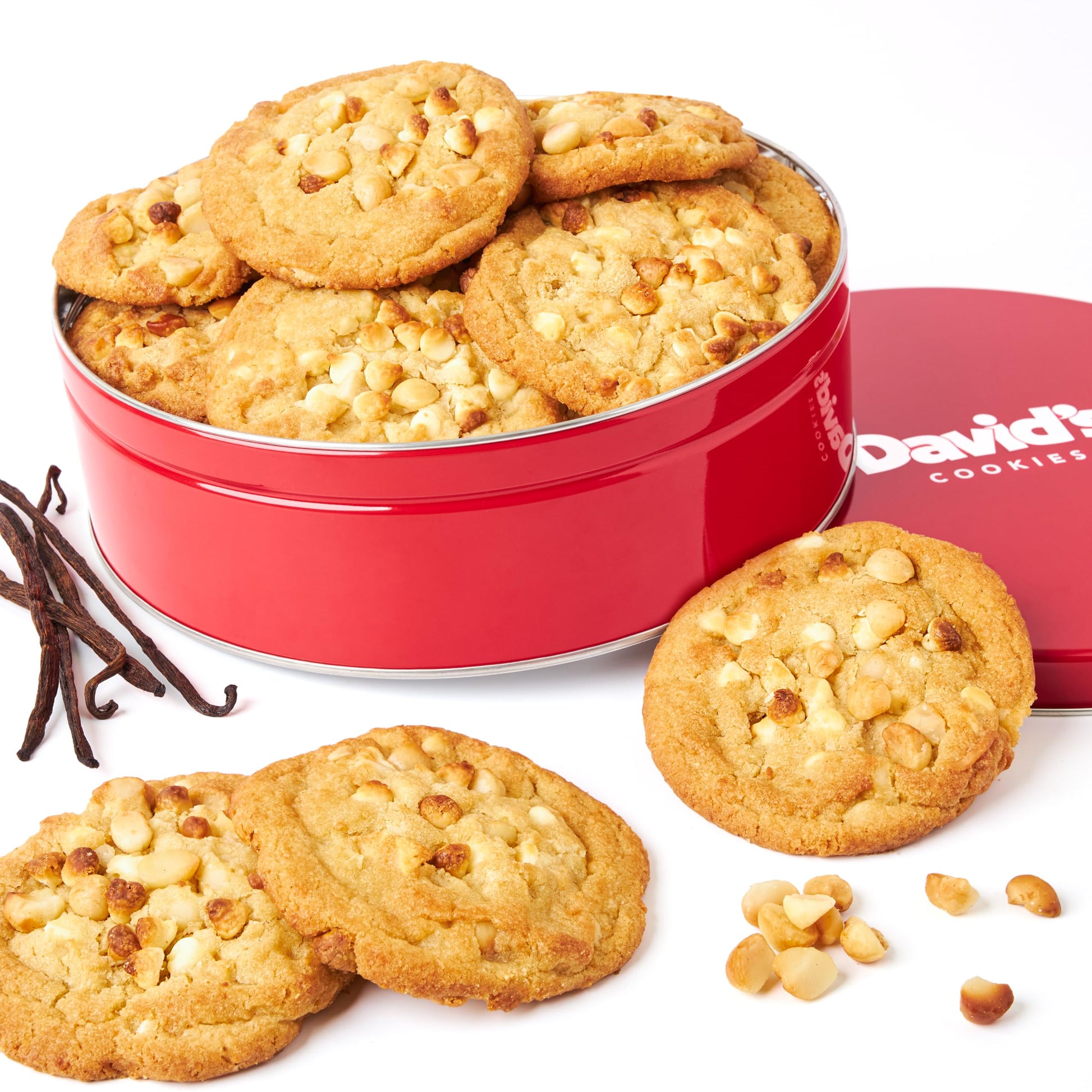 DavidS Cookies Fresh Baked Decadent Jumbo Vanilla Chip Macadamia Nut Cookies - 2Lb Gift Basket Tin With 8 Large Vanilla Cookies - Bakery-Style Soft And Chewy Dessert For Birthdays  Special Occasions