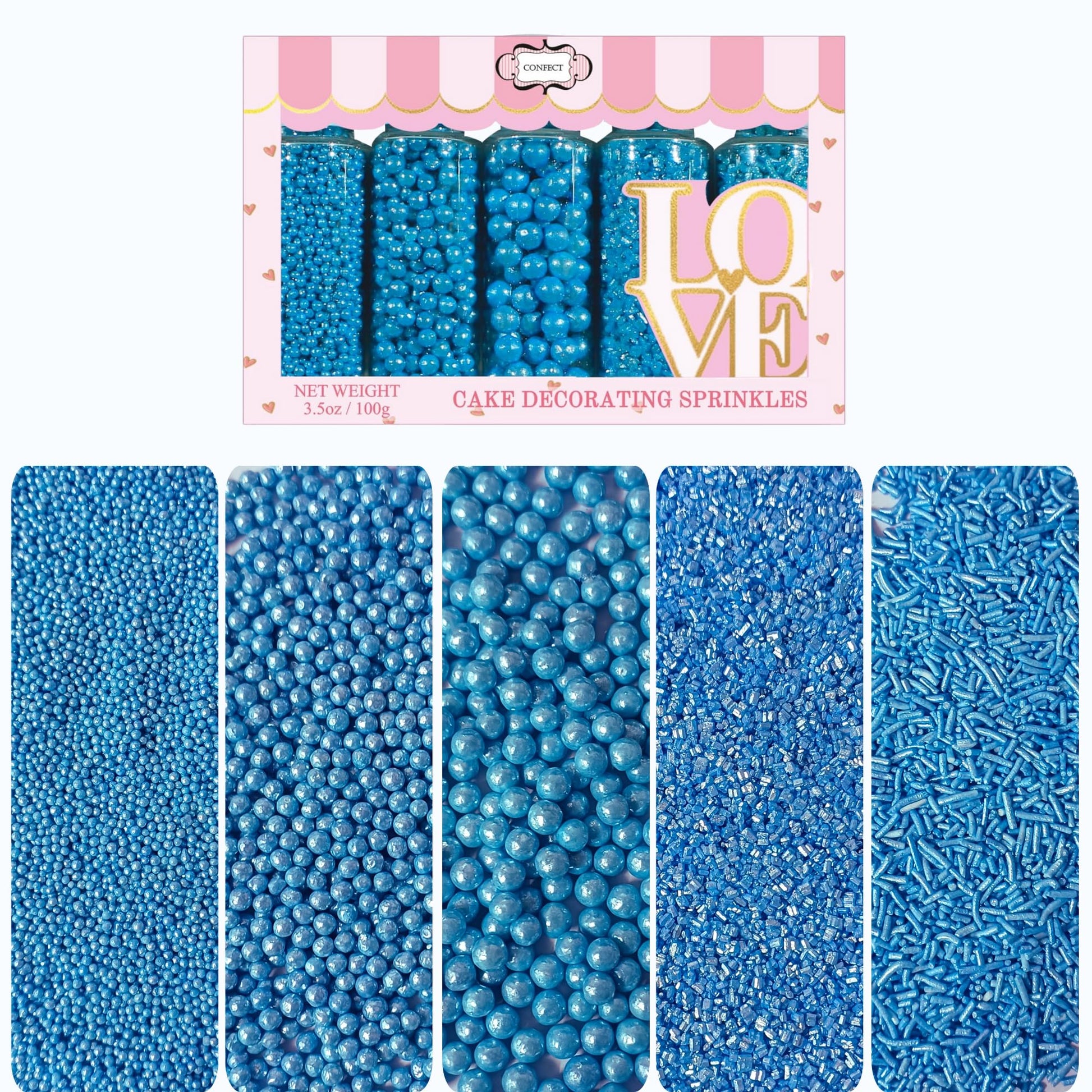 Confect Christmas Sprinkles - Assorted Pack of 5 (Friday Evening Party Bright Blue Mix with Dragees, Jimmies & Sparkling Sugar) 