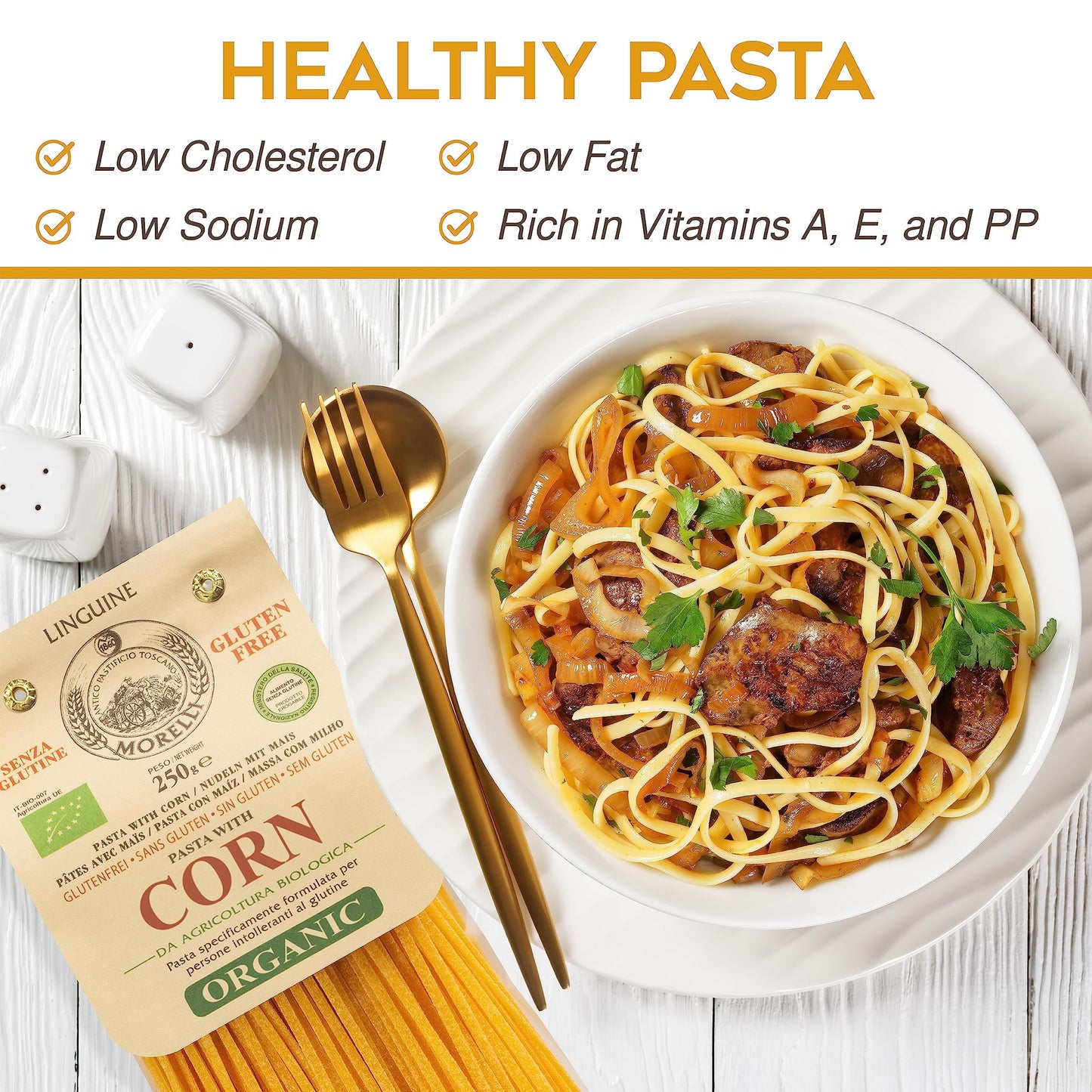 MORELLI Organic Gluten Free Linguine Pasta, Vegan Corn Noodles, 8.8 oz (Pack of 2), Yellow, Imported from Italy