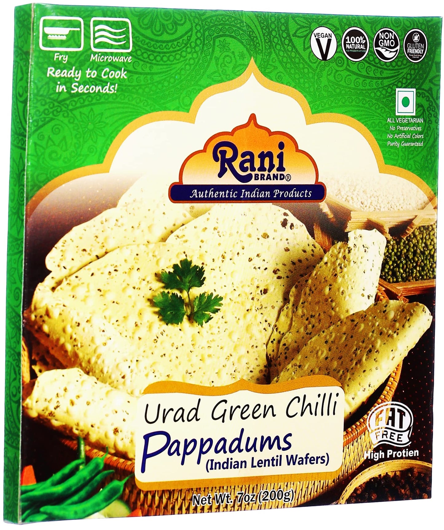 Rani Pappadums (Indian Lentil Wafer Snack) Green Chilli Papad 7Oz (200G) Approximately 15Pc, 7 Inches ~ All Natural | Gluten Fri