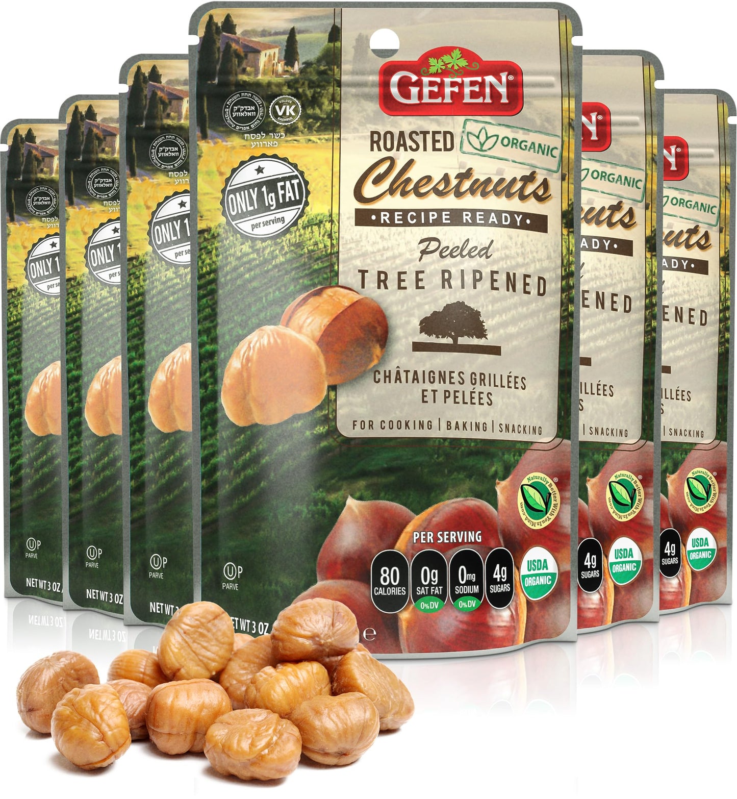 Gefen Organic Whole Peeled and Roasted Chestnuts, 3oz (6 Pack) | Chestnuts Peeled and Ready to Eat | Great for Cooking & Baking 