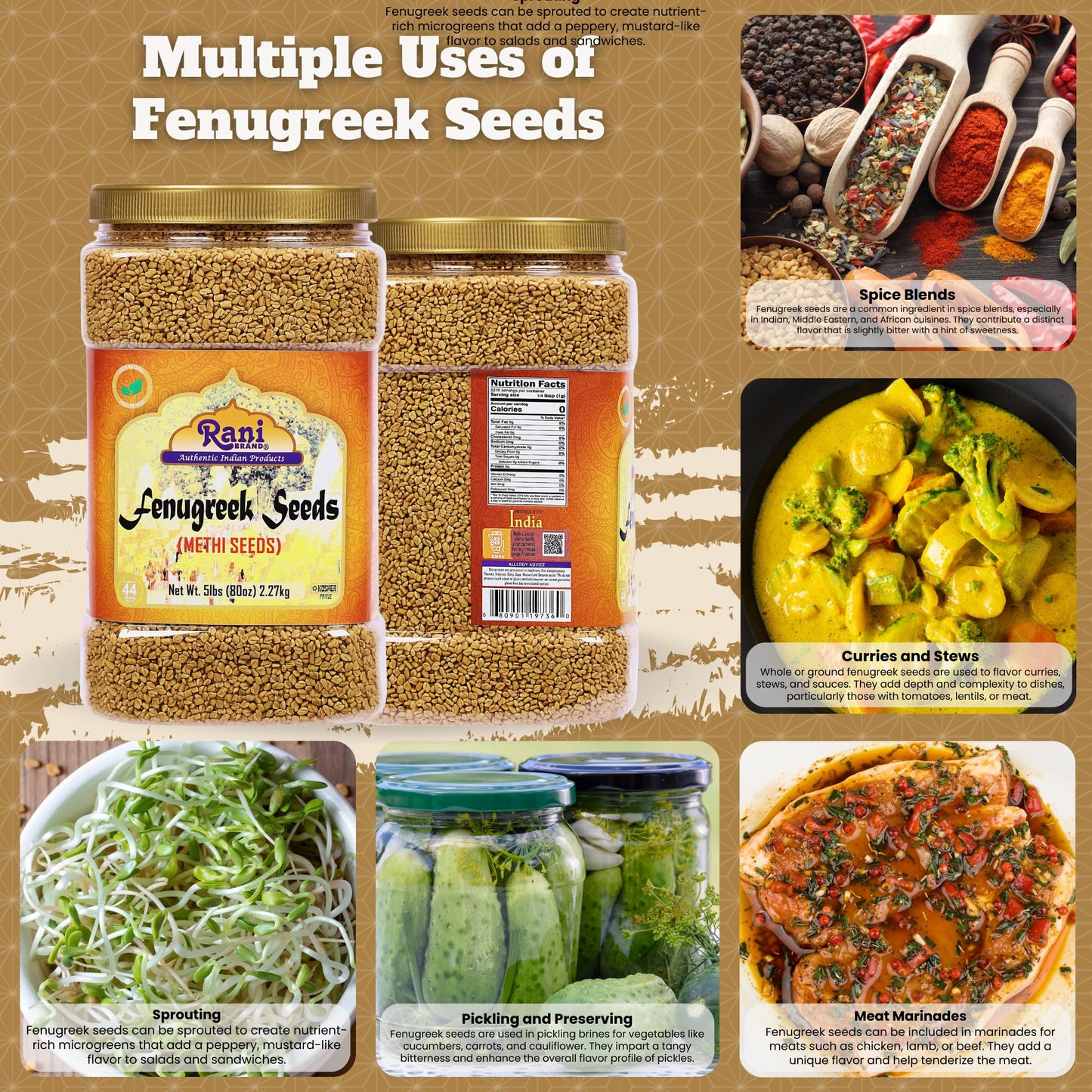 Rani Fenugreek (Methi) Seeds Whole 80Oz (5Lbs) 2.27Kg Bulk Pet Jar, Trigonella Foenum Graecum ~ All Natural | Vegan | Gluten Fri