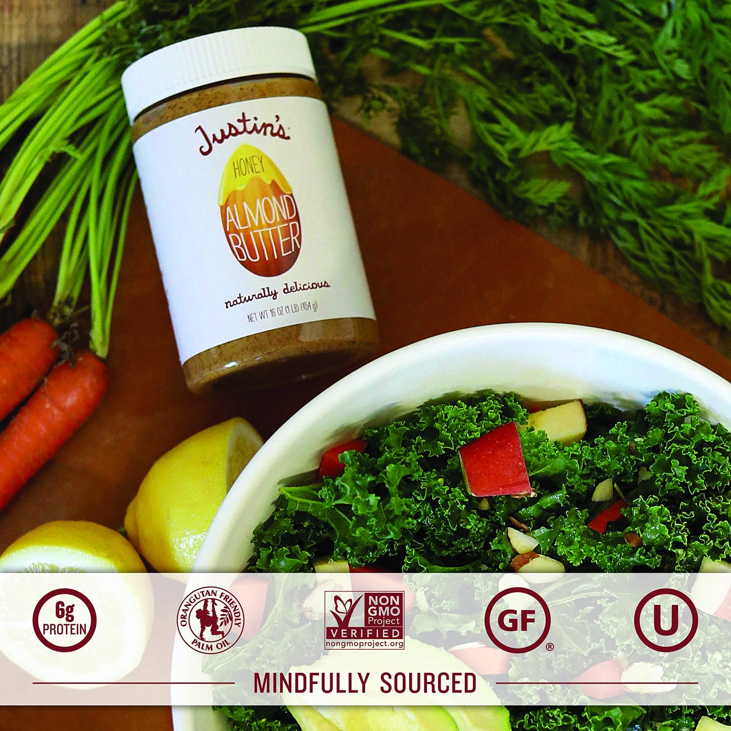 Justins Honey Almond Butter, No Stir, Gluten-free, Non-GMO, 16 Ounce Jar