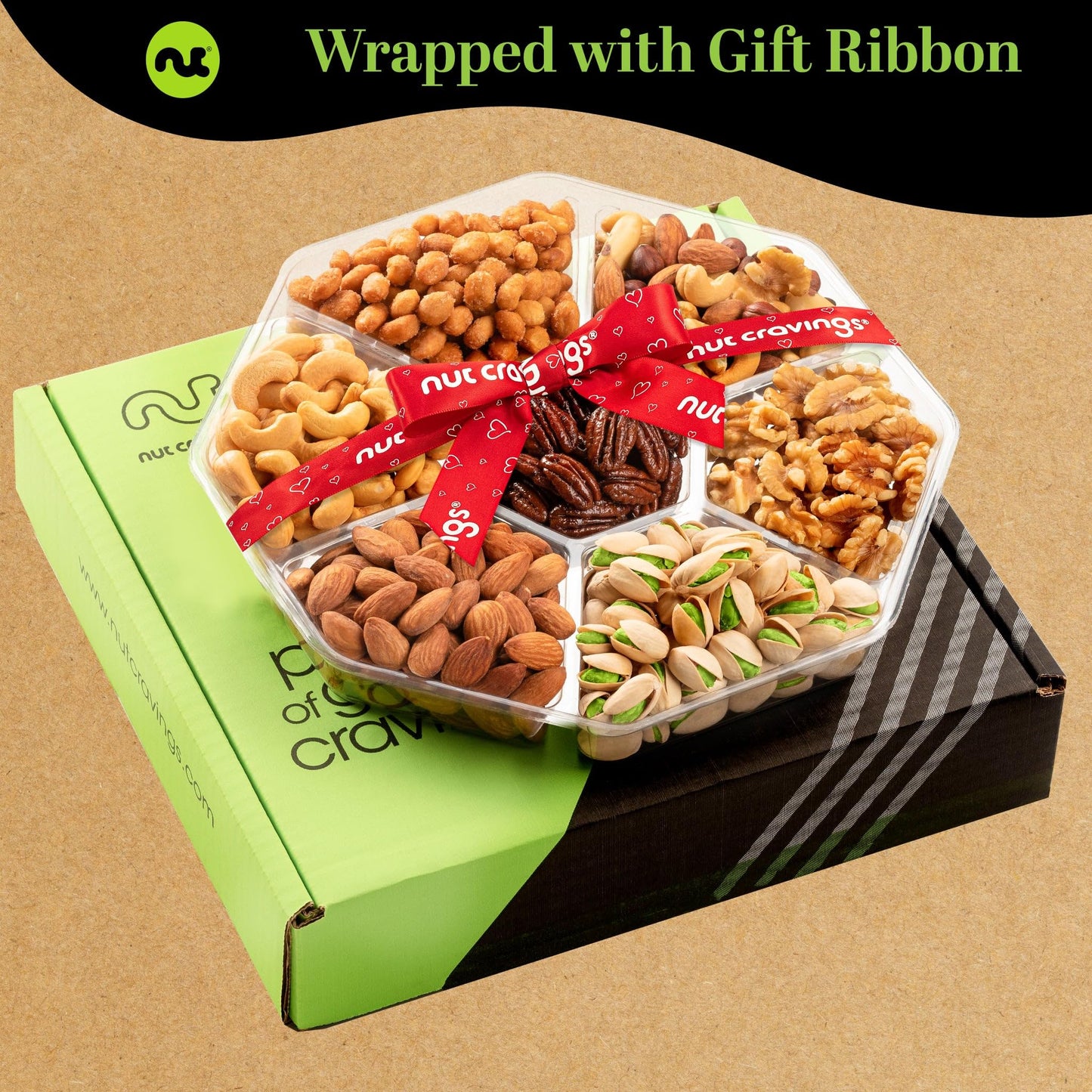 Nut Cravings Gourmet Collection - Rosh Hashana & Shana Tova Mixed Nuts Gift Basket + Heart Ribbon (7 Assortments) Arrangement Pl