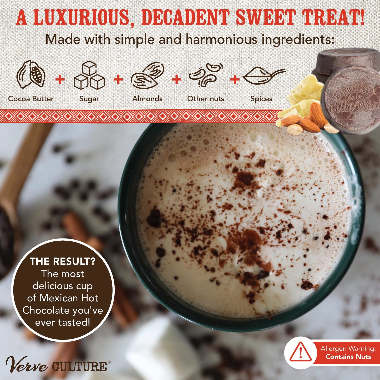 Mexican Hot Chocolate By Verve Culture, Dairy Free Vegan Hot Cocoa, Gourmet Spicy Hot Chocolate Discs, Almond And Walnut Hot Cho