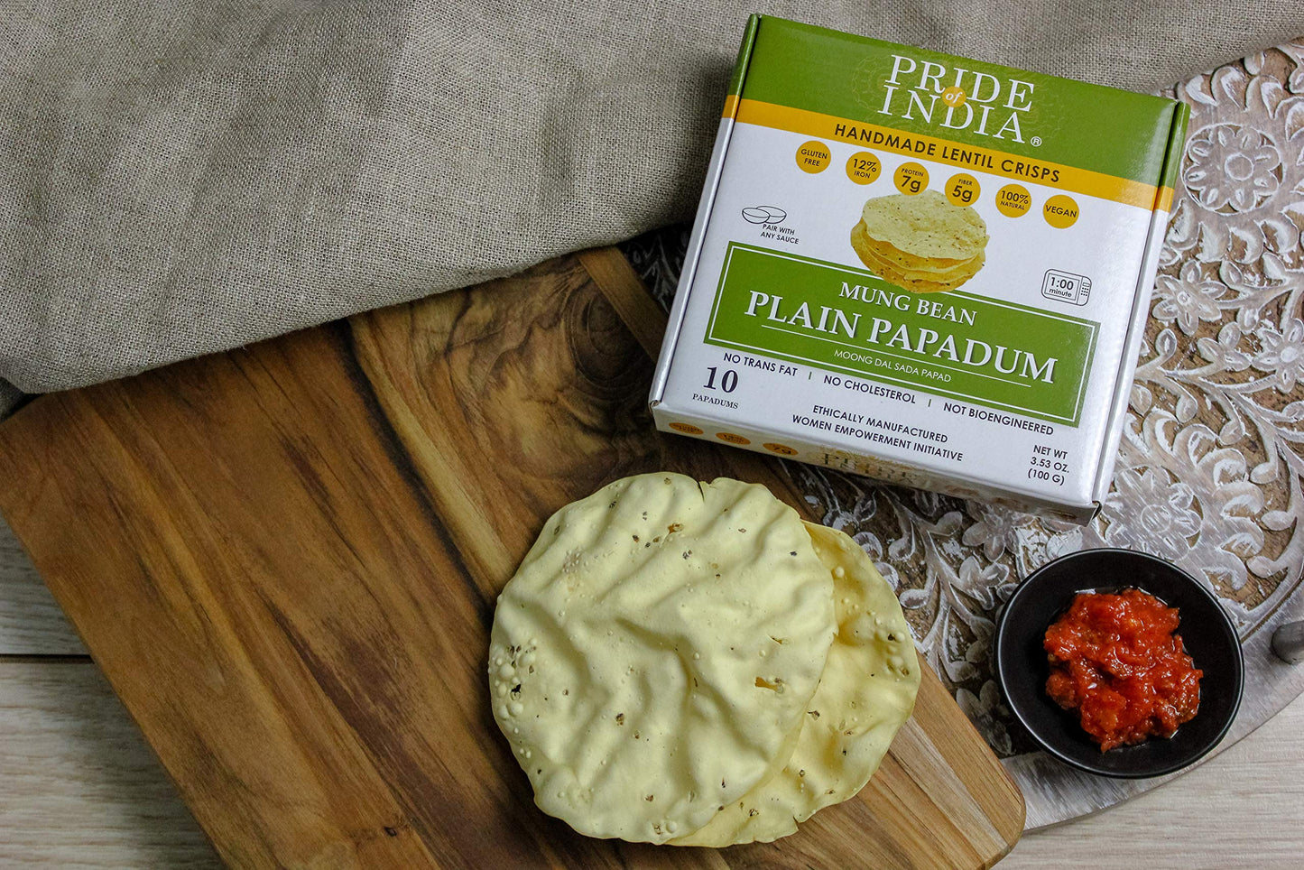 Pride Of India - Mung Bean Plain Papadum Lentil Crisp, 10 count (3.53oz - 100gm) - Plant Based Protein Snack, Gluten-Free Vegan