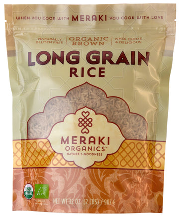 Meraki Organic Brown Long Grain Rice 2 LB Bag - Low GI & High in Fiber, Separated Fluffy Grain & Nutty Texture - Authentic Rice 