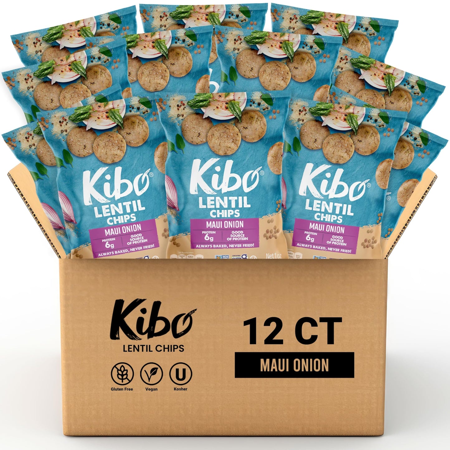 Kibo Maui Onion Flavor Gluten Free Non Gmo Plant Based Lentil Chips 28 Grams, 12 Pack