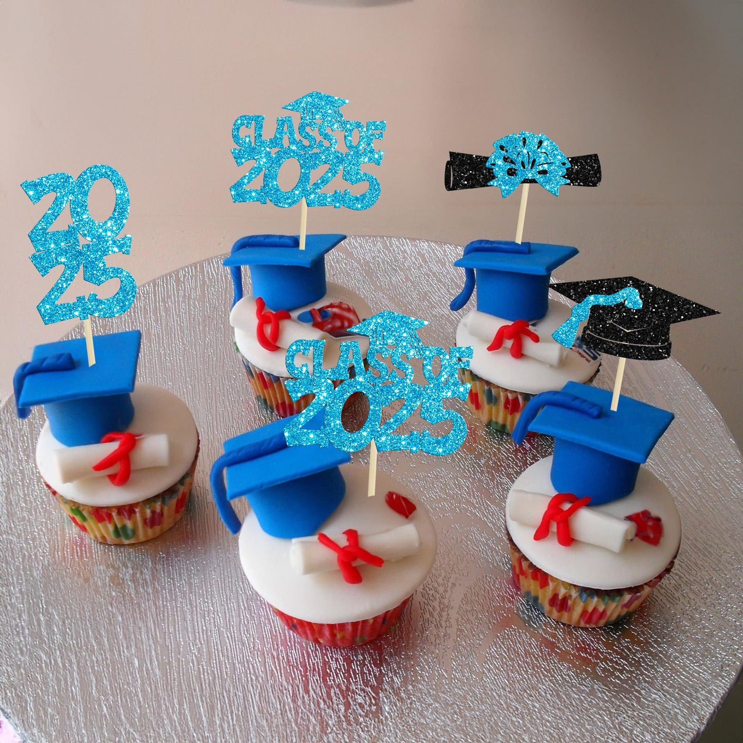 Ephlyn Graduation Cupcake Toppers, 36 Pcs, Glitter Class of 2025, Lake Blue, Diploma & Graduation Cap Picks for Party Decorations