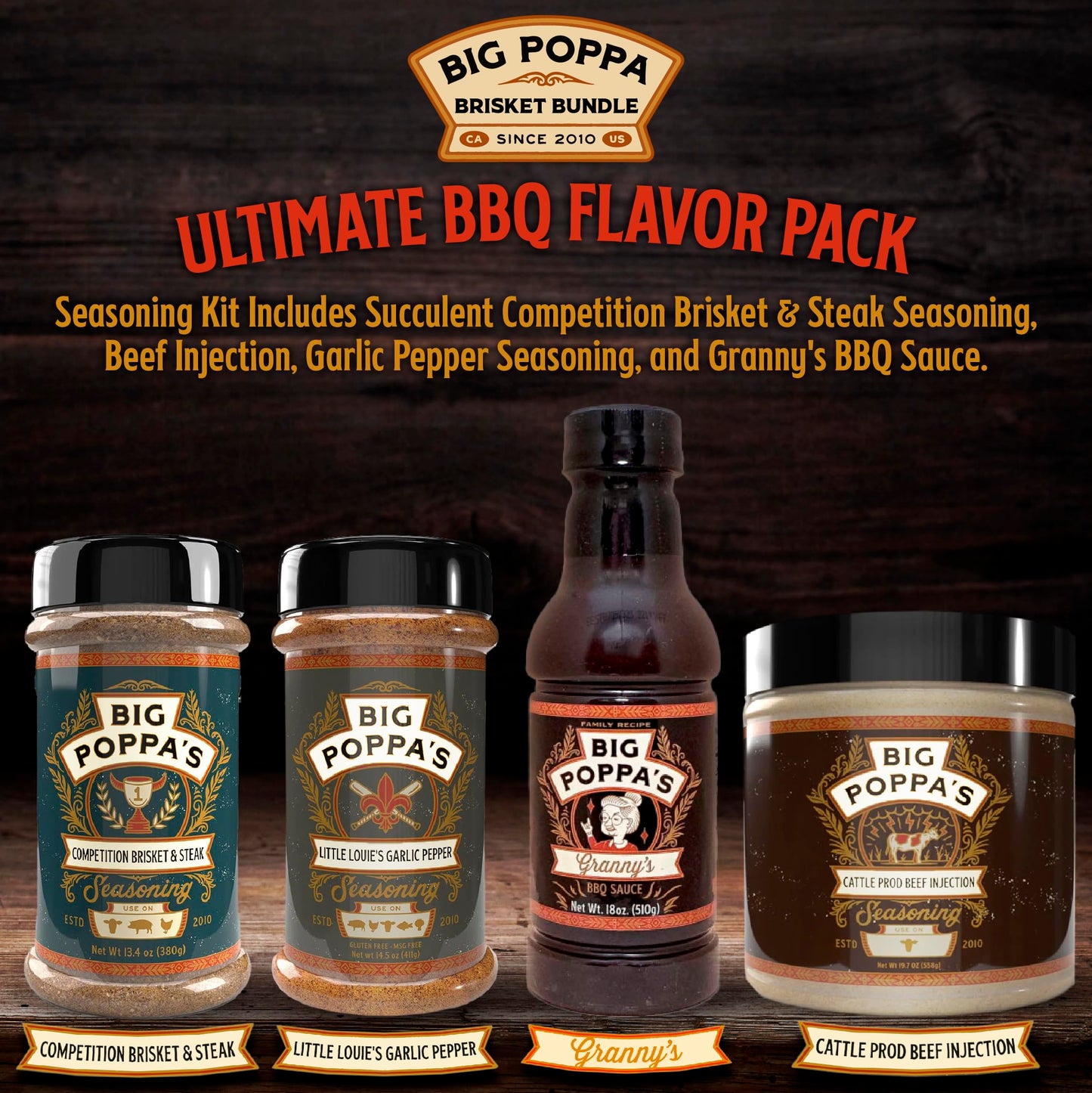 Big Poppa Smokers BBQ Seasoning Kit - Brisket & Steak Seasoning, Beef Injection, Garlic & Pepper Mix, Grannys BBQ Sauce - 4-Pack