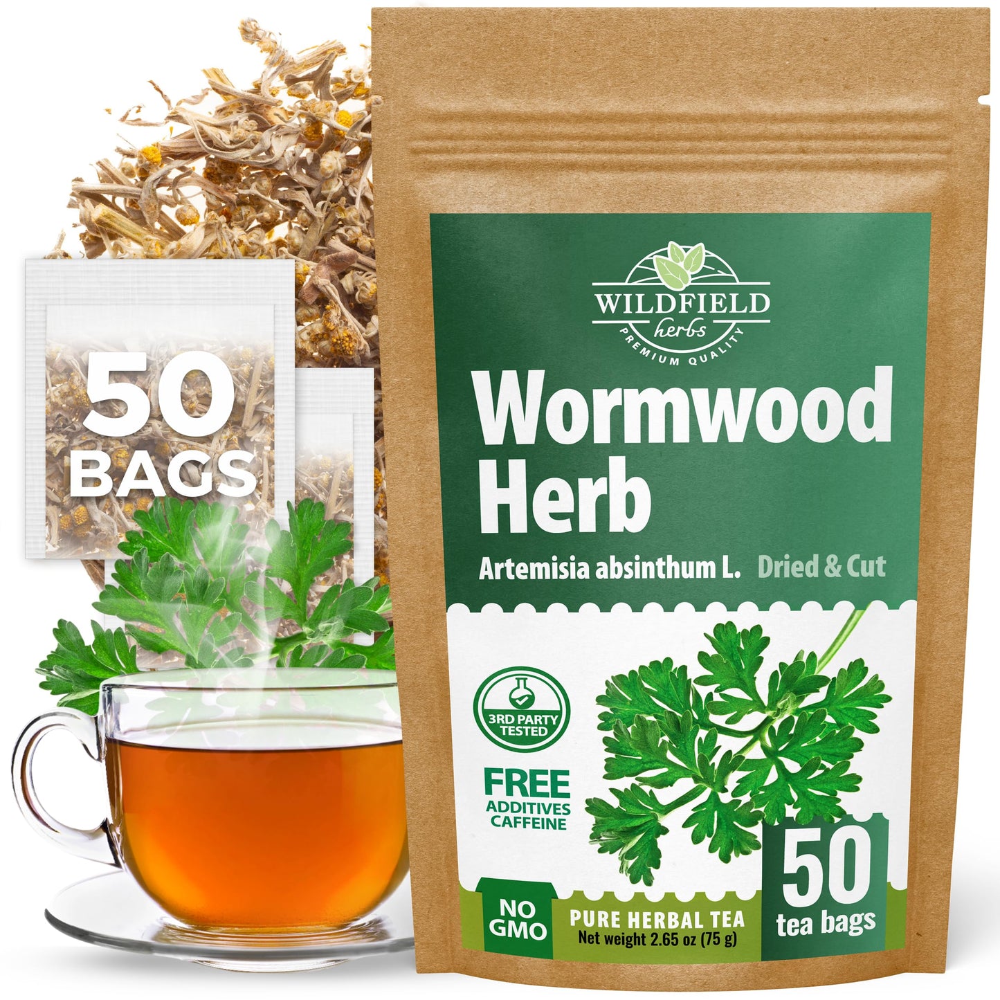 50 Bags Wormwood Herbal Tea (Artemisia Absinthum L.) - 50 Tea Bags 1.5G Absinthe Wormwood Herb