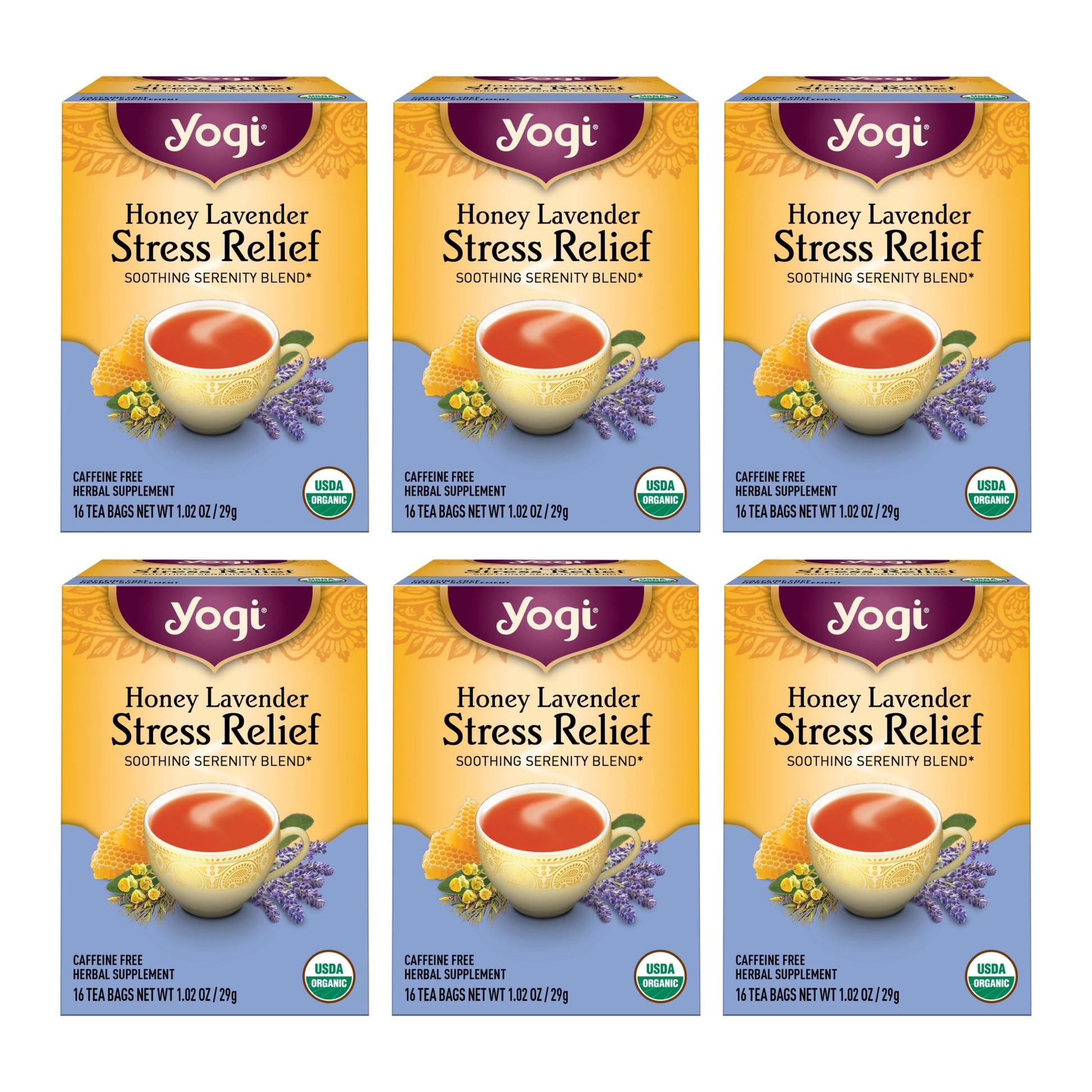 Yogi Tea Honey Lavender Stress Relief Tea - 16 Tea Bags Per Pack (6 Packs) - Organic Chamomile Lavender Tea - Includes Lemon Bal