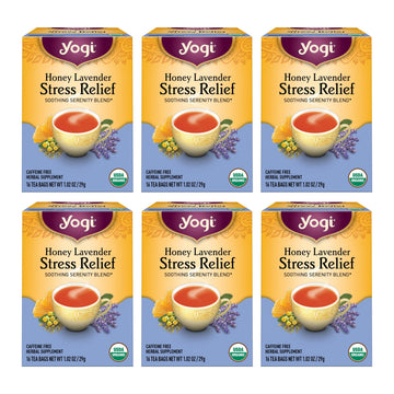 Yogi Tea Honey Lavender Stress Relief Tea - 16 Tea Bags Per Pack (6 Packs) - Organic Chamomile Lavender Tea - Includes Lemon Bal