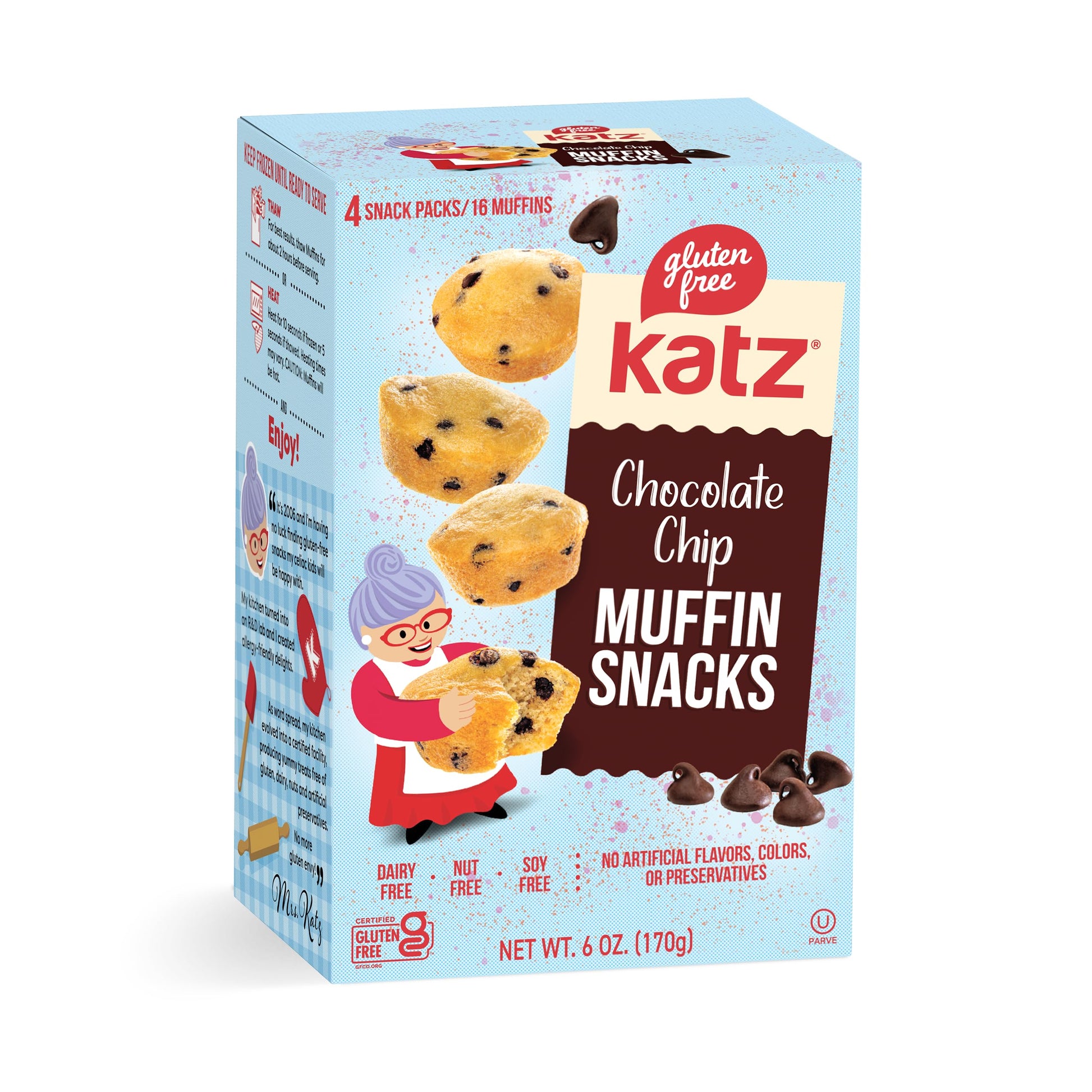 Katz Gluten Free Chocolate Chip Muffin Snacks | Dairy Free, Nut Free, Soy Free, Gluten Free | Kosher (1 Pack, 6 Ounce)