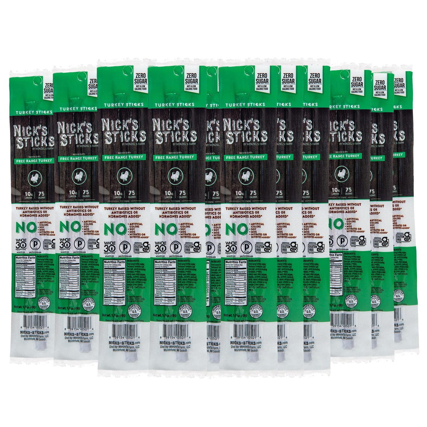 Nicks Sticks Free Range Turkey Snack Sticks, Gluten Free, 1.7oz Pack of 25, Model 2-025, Paleo, Keto, Whole30 Approved
