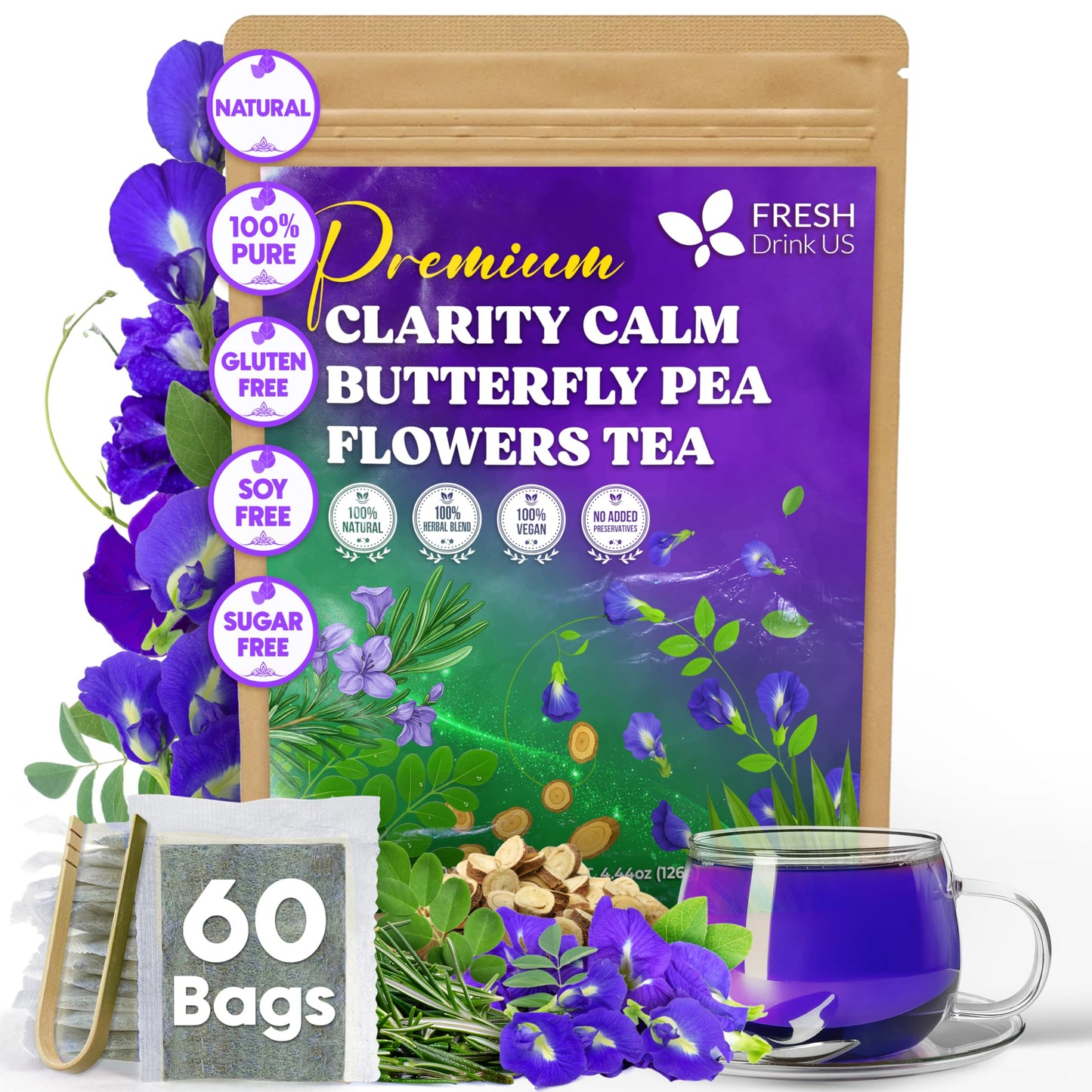 Freshdrinkus  Clarity Calm Butterfly Pea Flower Tea - 60 Tea Bags Herbal Blend Of Butterfly Pea Flower  Rosemary  Moringa  Lemongrass & Licorice Root - Energy Blend-Free. Sugar-Free. Gluten-Free. Vegan