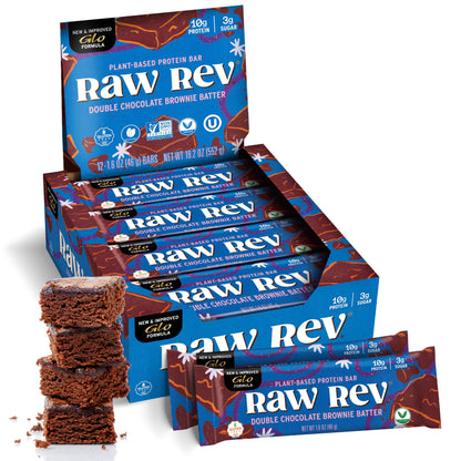 Raw Rev Vegan High-Protein Bars, Double Chocolate Brownie Batter, 10g Plant Protein, 12g Fiber, Non-GMO, 1.6 Oz, 12 Count (Pack 