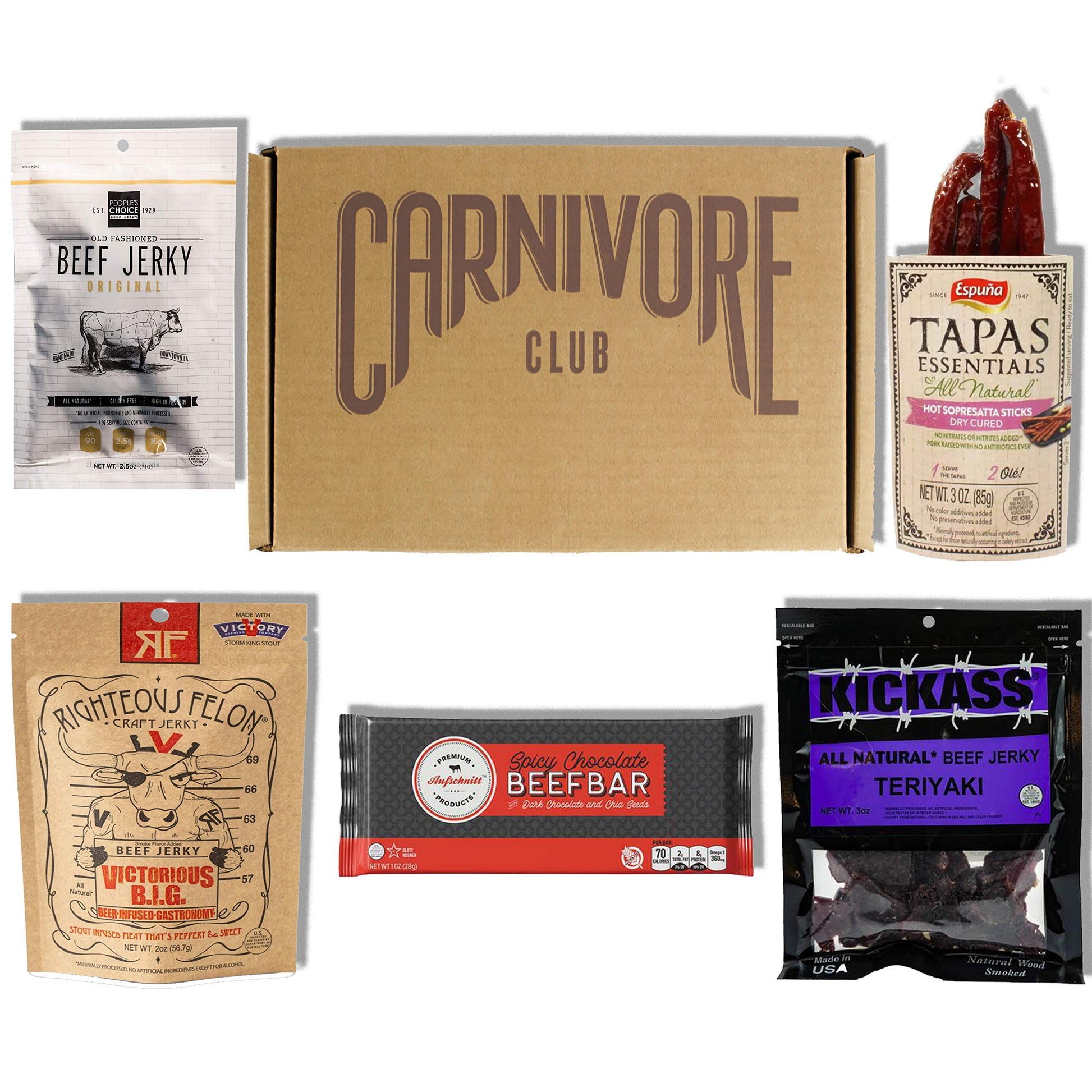 Carnivore Club Beef Jerky Box - Delicious Jerky And Meat Sticks Sampler - 4 To 6 Meat Snacks Jerkygram - Meat Snack Sampler Gift
