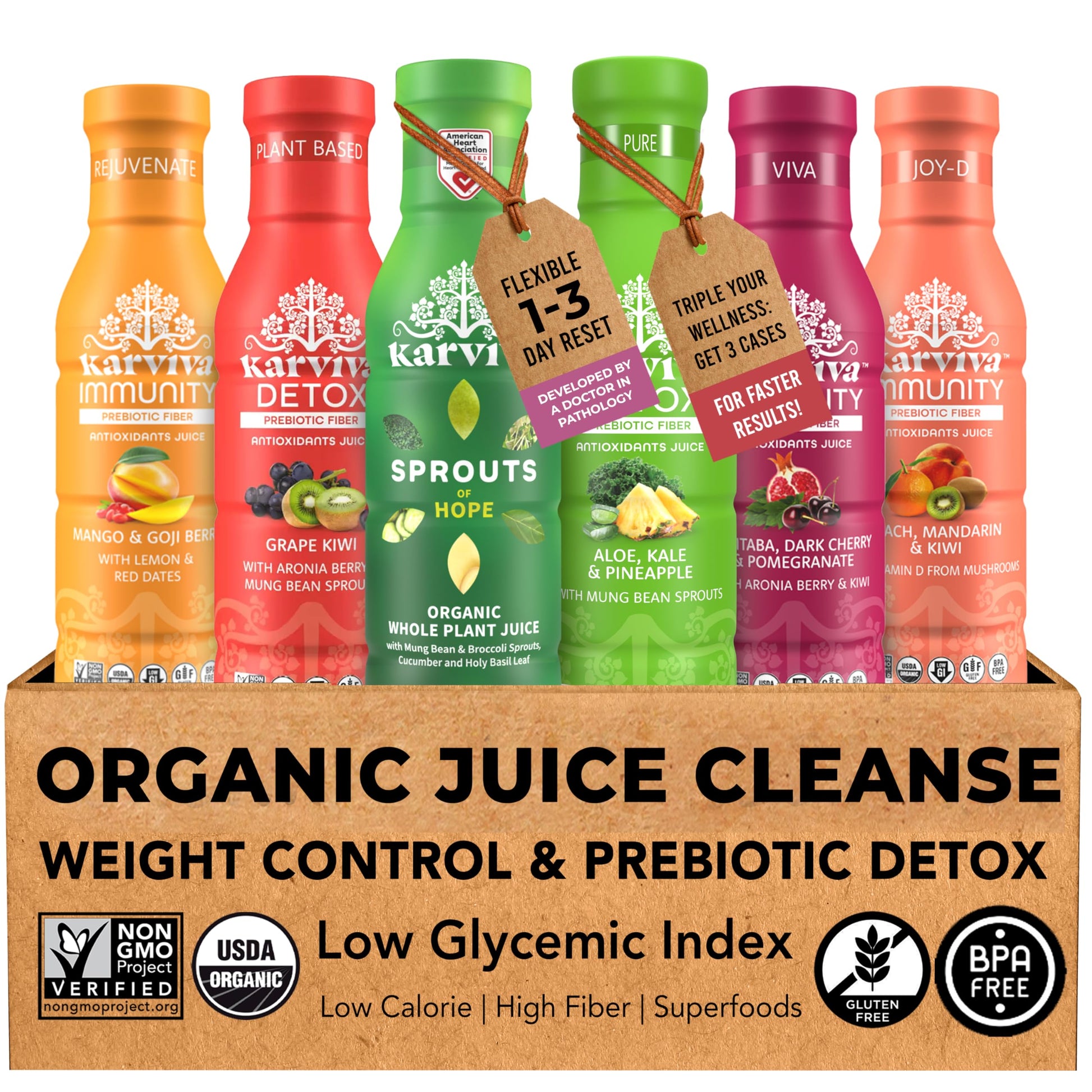 Karviva Organic Juice Cleanse Weight Control Pack - Ancient Remedies To Curb Sugar Cravings  Prebiotic Detox With Anti-Bloat Support  High Fiber Sprouts  Aloe & Adaptogens For Digestion & Gentle Cleansing  6 Bpa-Free Bottles (12 Oz)