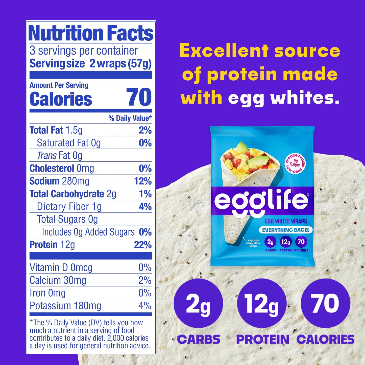 Egglife Everything Bagel Egg White Wraps - (6 Count) - Refrigerated, Flourless, Gluten Free Wraps - Low Carb Tortilla Alternativ
