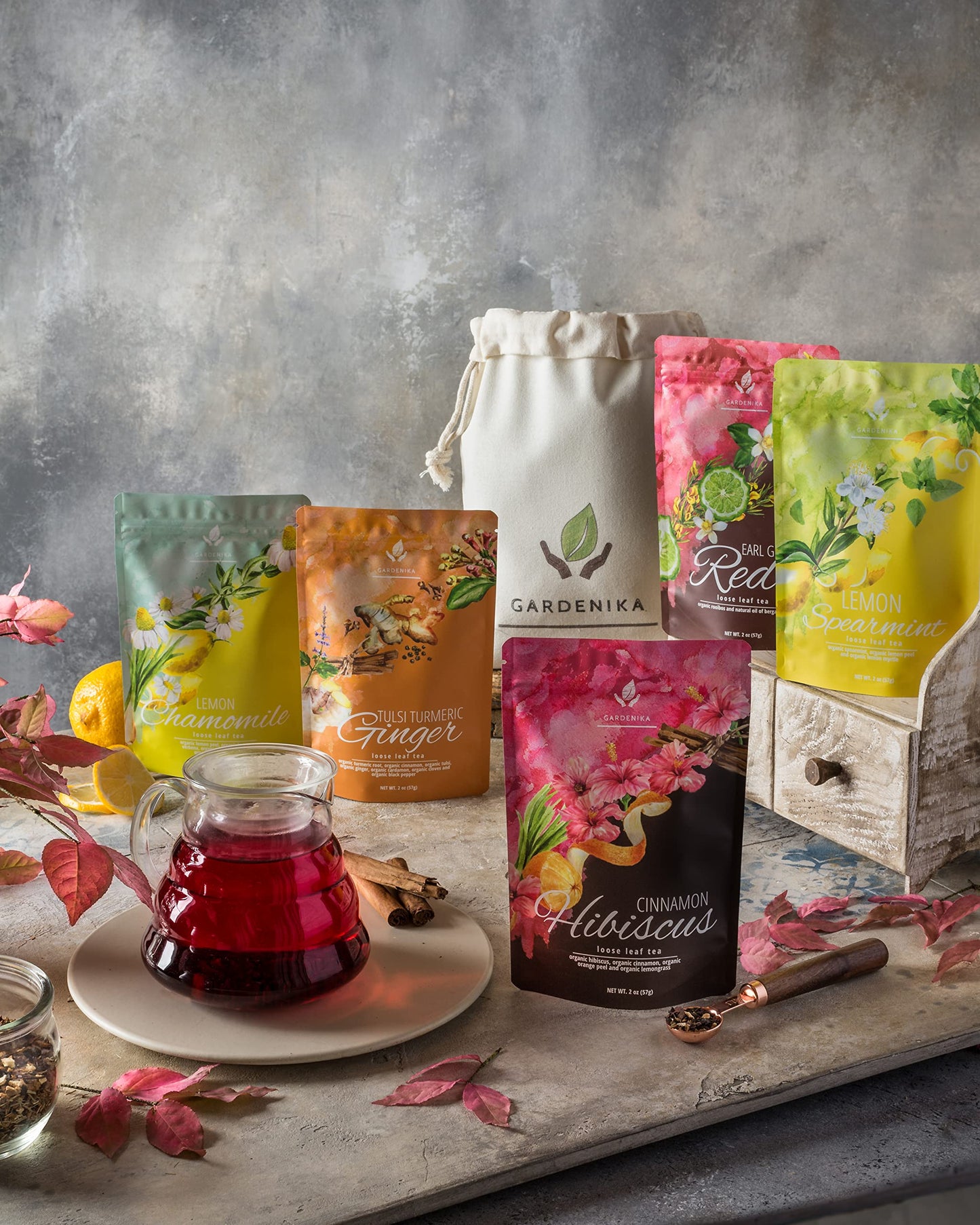 Gardenika Organic Loose Leaf Tea Set - Herbal Caffeine-Free, Rooibos, Spearmint, Chamomile, Hibiscus, Tulsi, Turmeric, Ginger - 5 Pack