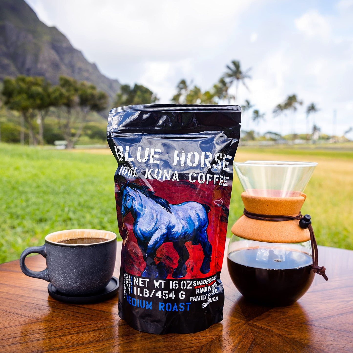 Blue Horse 100% Kona Coffee, Medium Roast, Arabica Whole Beans, 1 lb (16 oz) Bag, Farm Fresh, Authentic Hawaiian Coffee beans fr