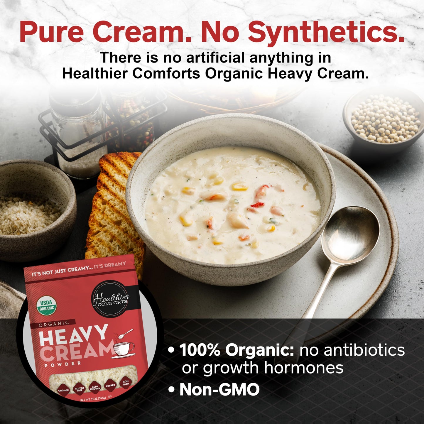 Healthier Comforts Organic Heavy Cream Powder, 72% Butterfat, Gluten Free, Non-GMO, 7 oz