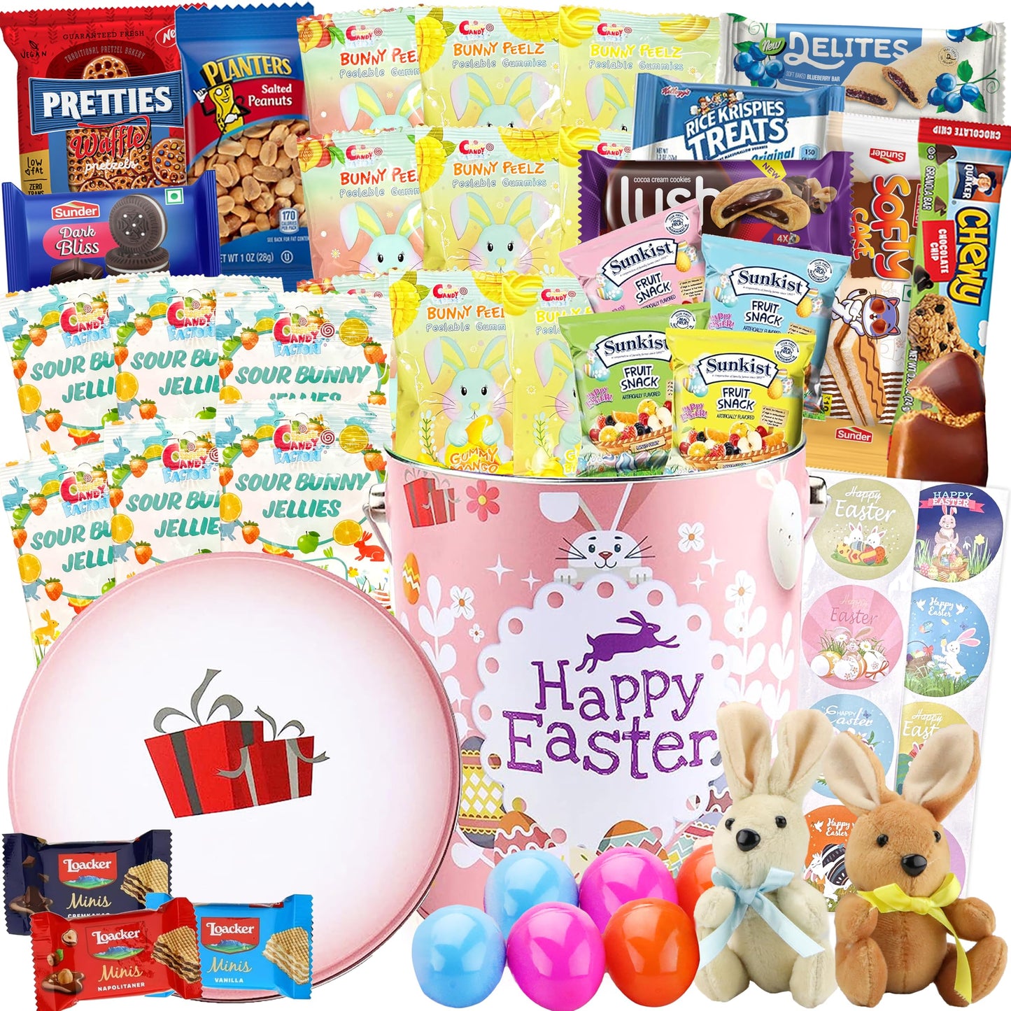 Easter Snack Pink Tin (48 Count) Filled with Candy, Peelable Gummies,Bunny and More, Great Package for Family, Friends, Boys and