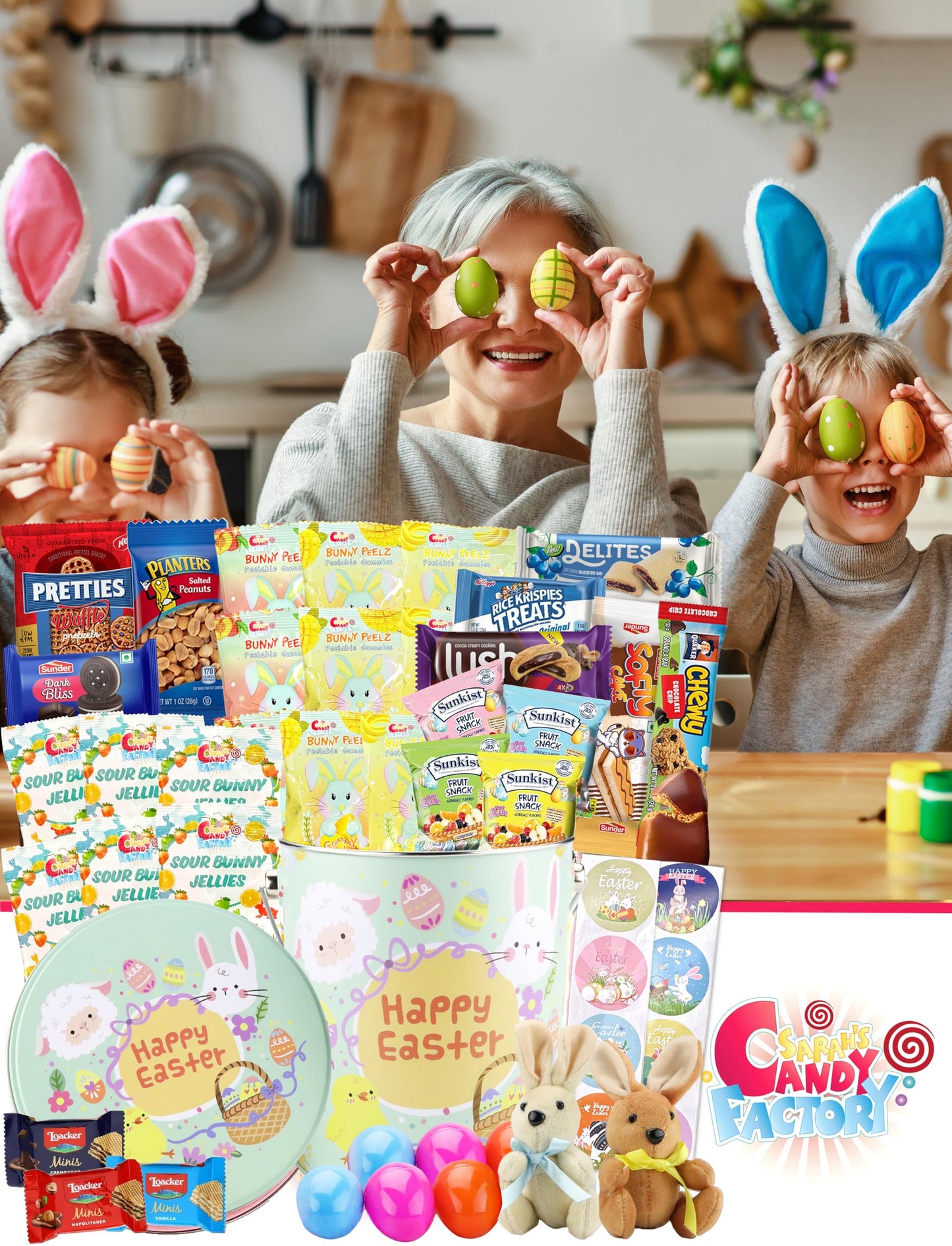 Easter Snack Green Tin (48 Count) Filled With Candy, Peelable Gummies,Bunny And More, Great Package For Family, Friends, Boys An