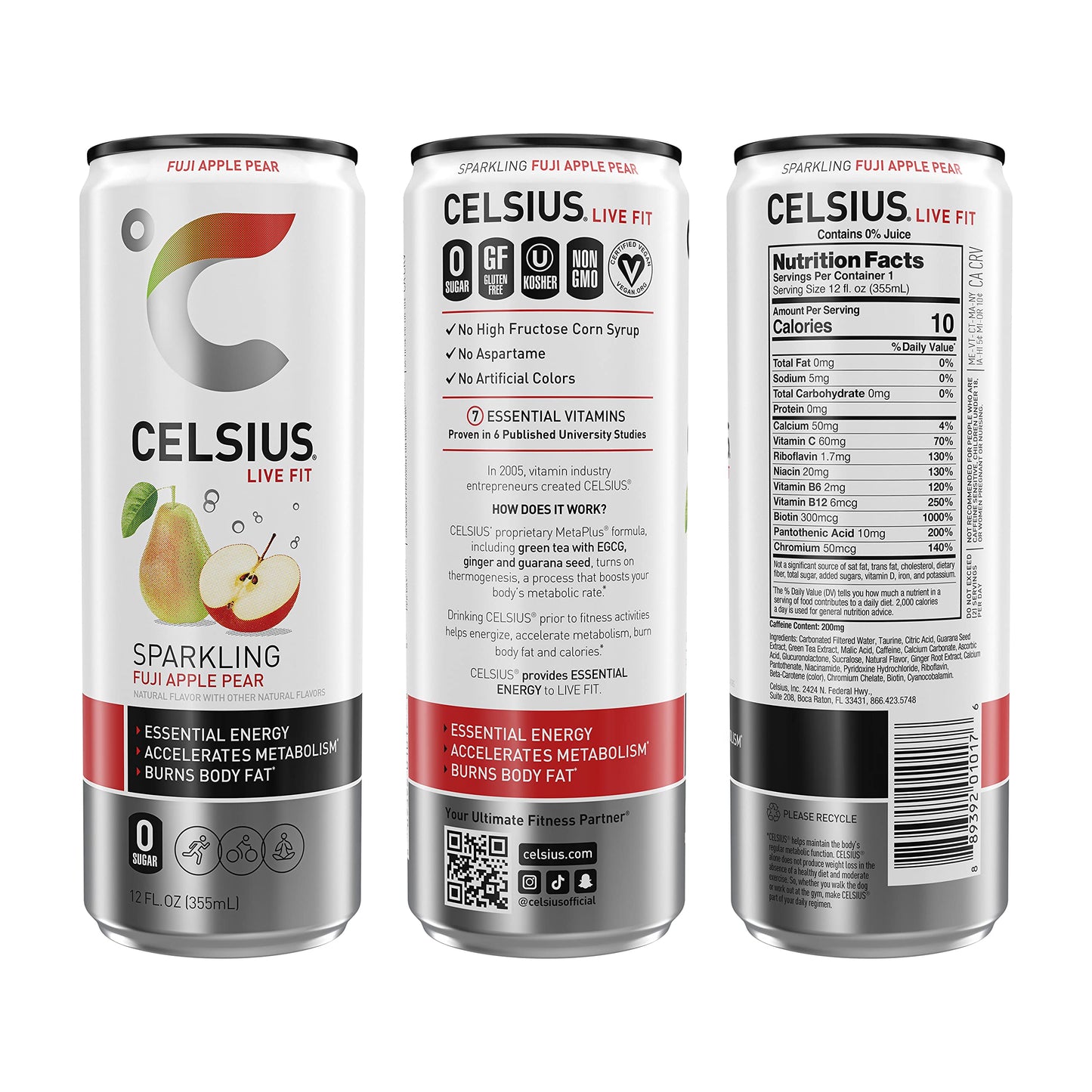 CELSIUS Sparkling Fuji Apple Pear, Functional Essential Energy Drink 12 Fl Oz (Pack of 24)