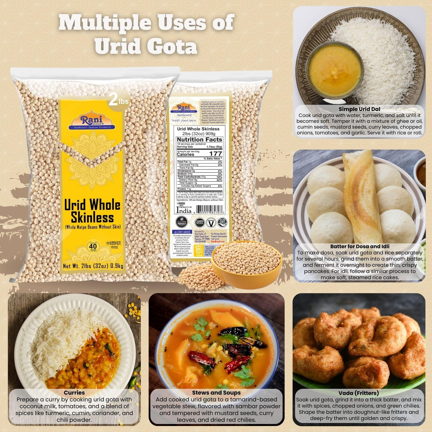 Rani Urid/Urad Gota White (Matpe Beans Skinless) Indian Lentils 32Oz (2Lbs) 908G ~ All Natural | Gluten Friendly | Non-Gmo | Kos