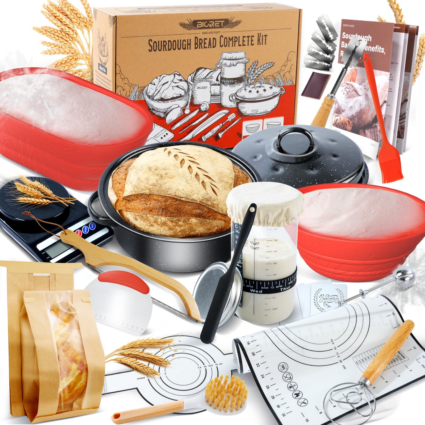 Sourdough Bread Baking Supplies 34 Oz Sourdough Starter Kit With Pot  2 Silicone Bread Proofing Baskets  And Bread Making Tools Kit - Red