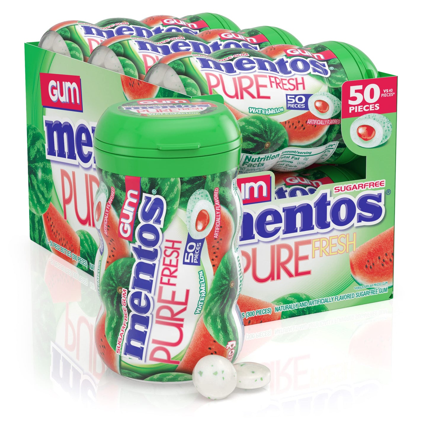 Mentos Pure Fresh Sugarfree Chewing Gum With Xylitol , Candy Bulk, Watermelon, 50Pc Bottle (Pack Of 4)