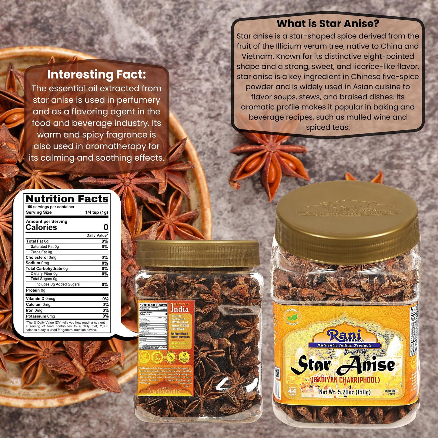 Rani Star Anise Seeds, Whole Pods (Badian Khatai) Spice 5.29Oz (150G) Pet Jar ~ All Natural | Gluten Friendly | Non-Gmo | Kosher