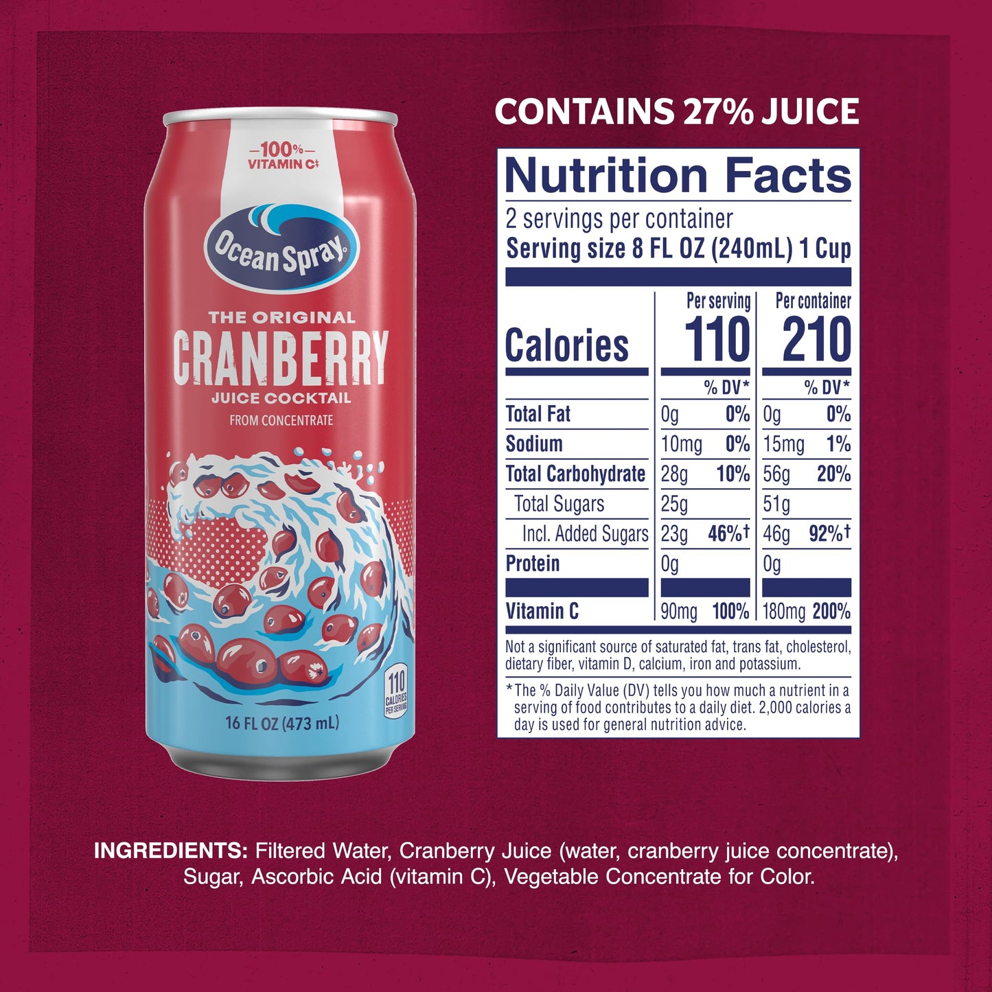 Ocean Spray Cranberry Juice Cocktail Juice Drink  16oz can (12 Pack)