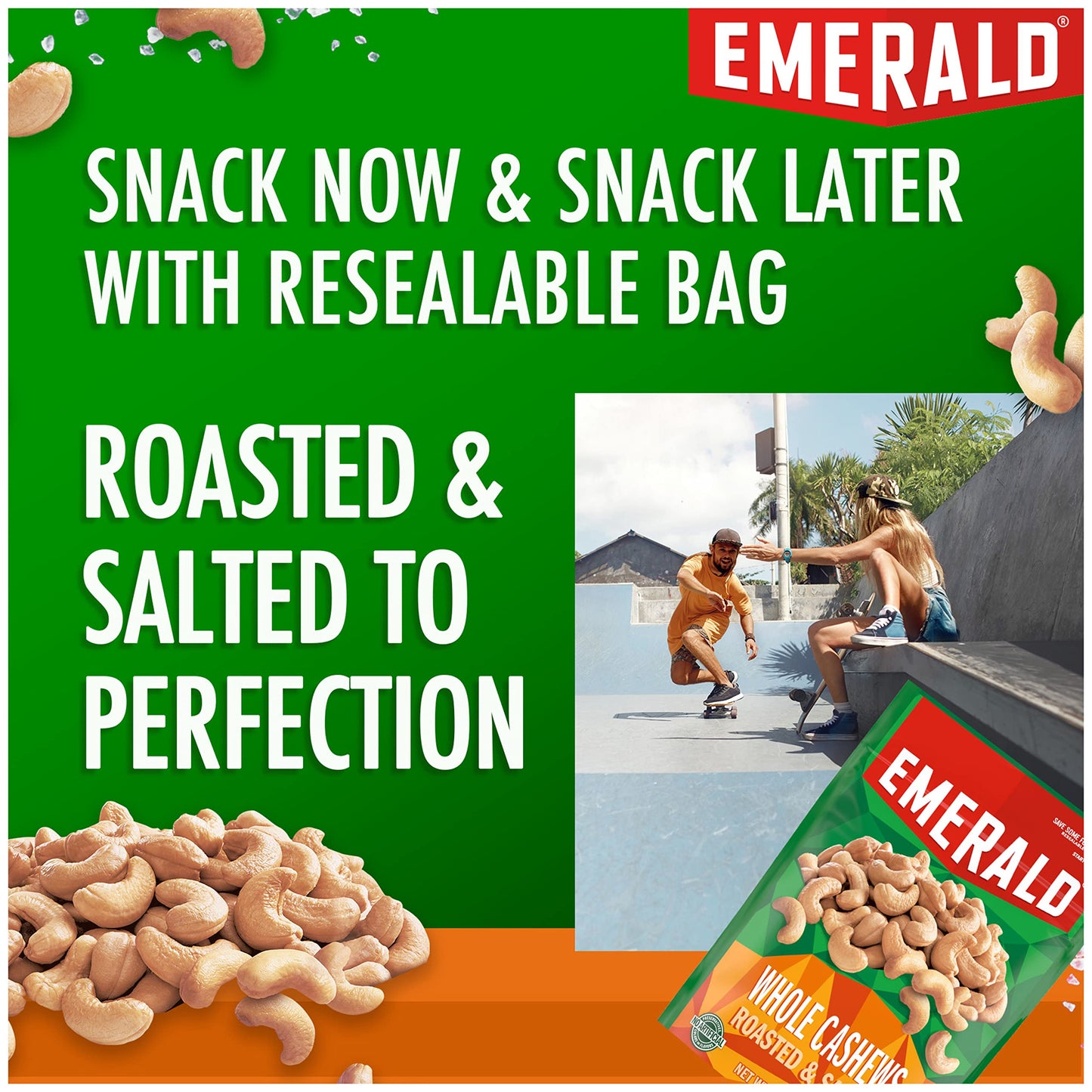 Emerald Nuts Roasted And Salted Whole Cashews (1-Pack), 5Oz Resealable Bag, Kosher Certified, Non-Gmo, Contains No Artificial Preservatives, Flavors Or Synthetic Colors