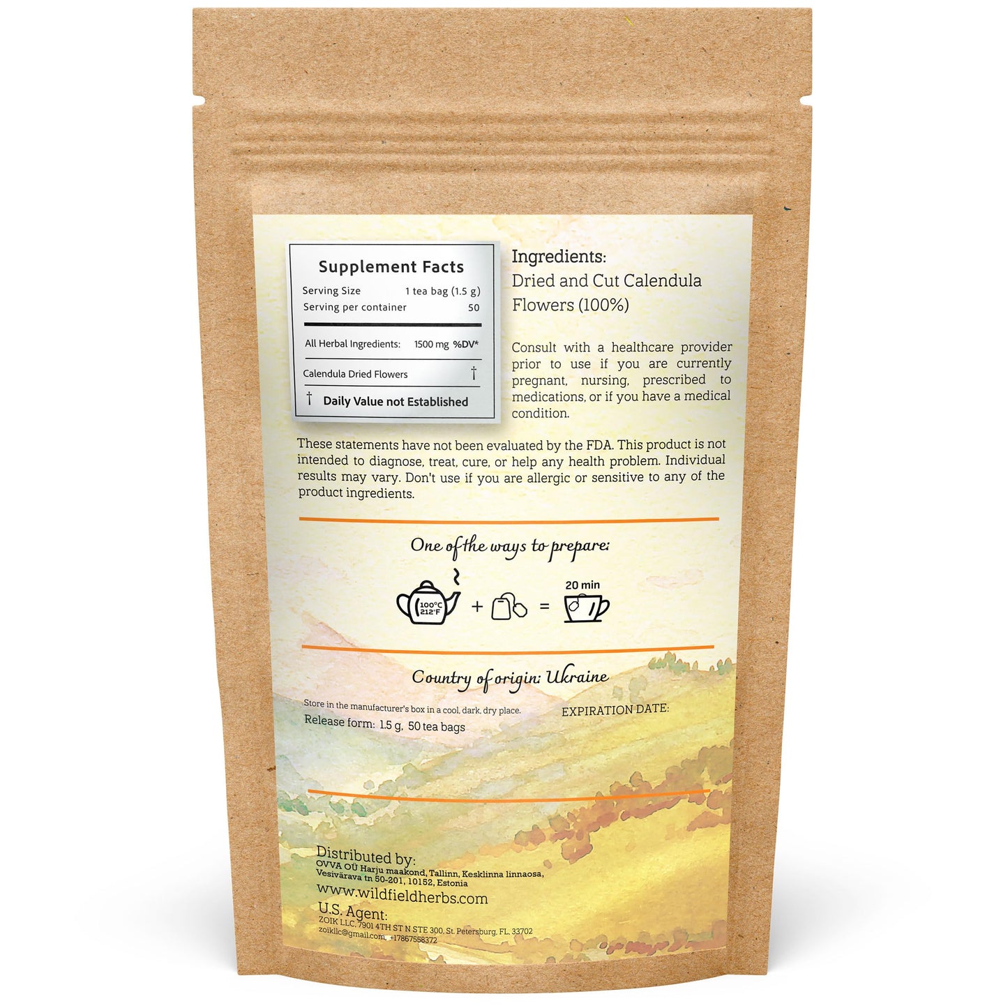 50 Bags Calendula Tea Dried Calendula Flowers Herb Herbal Tea (Calendula Officinalis) - 50 Count 1.5 G Tea Bags Calendula Flower