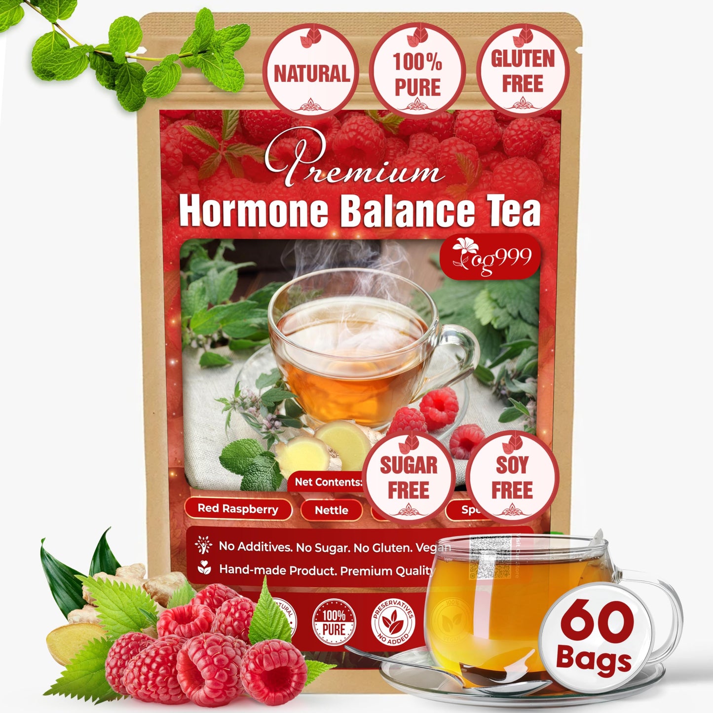TOG999 Herbal Tea for Hormone Balance, 100% Natural Red Raspberry Leaves, Spearmint Flavor, 60 Tea Bags