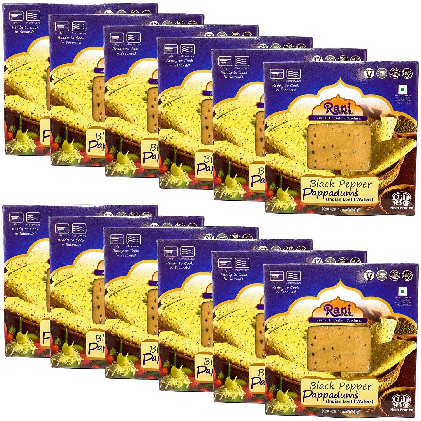 Rani Pappadums (Indian Lentil Wafer Snack) Black Pepper Papad 7oz (200g) Approximately 15pc, 7 inches, Pack of 12 ~ All Natural 