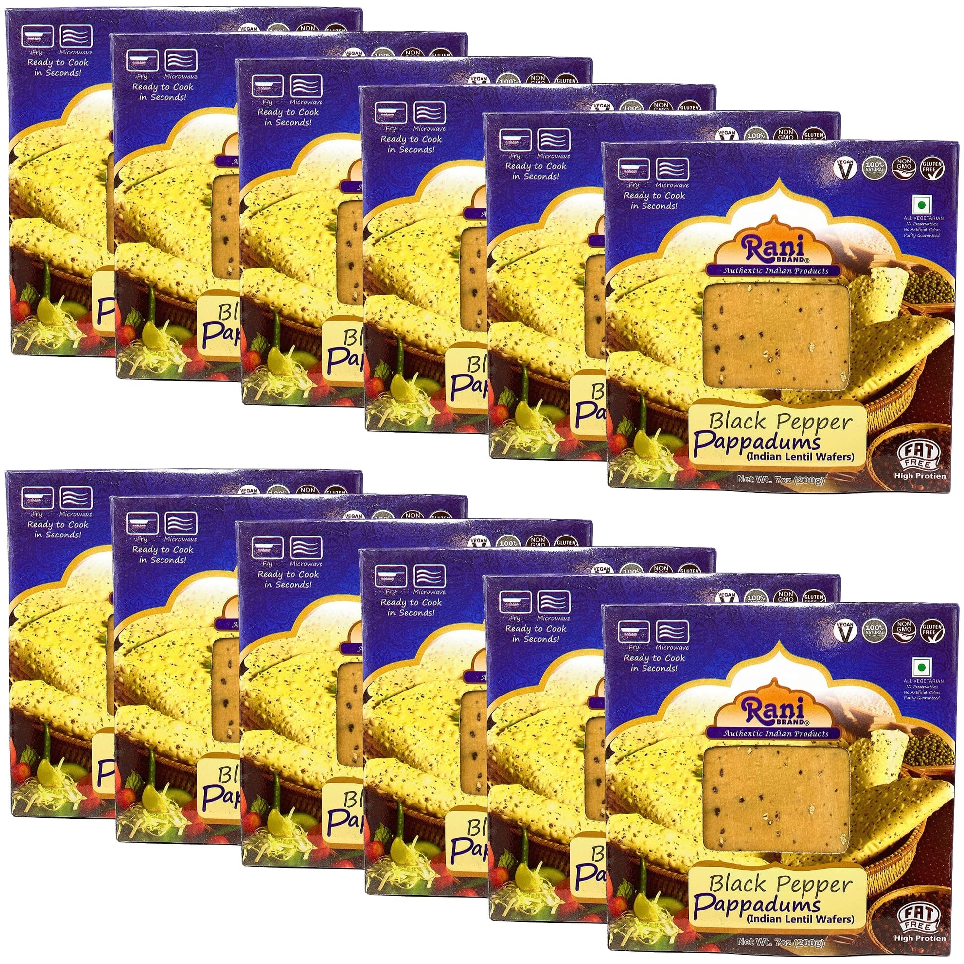 Rani Pappadums (Indian Lentil Wafer Snack) Black Pepper Papad 7oz (200g) Approximately 15pc, 7 inches, Pack of 12 ~ All Natural 