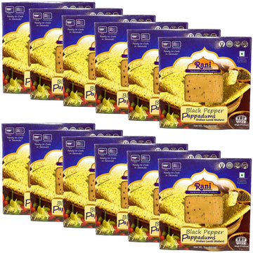 Rani Pappadums (Indian Lentil Wafer Snack) Black Pepper Papad 7oz (200g) Approximately 15pc, 7 inches, Pack of 12 ~ All Natural 