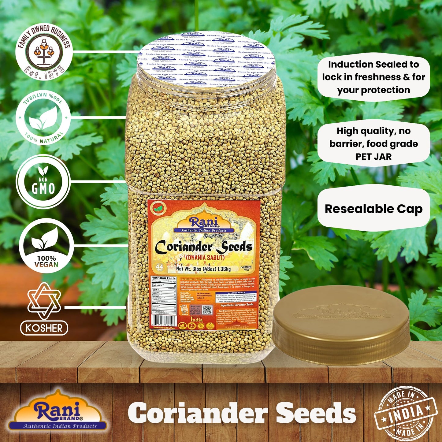 Rani Coriander (Dhania) Seeds Whole, Indian Spice 48Oz (3Lbs) 1.36Kg Bulk Pet Jar ~ All Natural | Gluten Friendly | Non-Gmo | Vegan | Kosher | Indian Origin