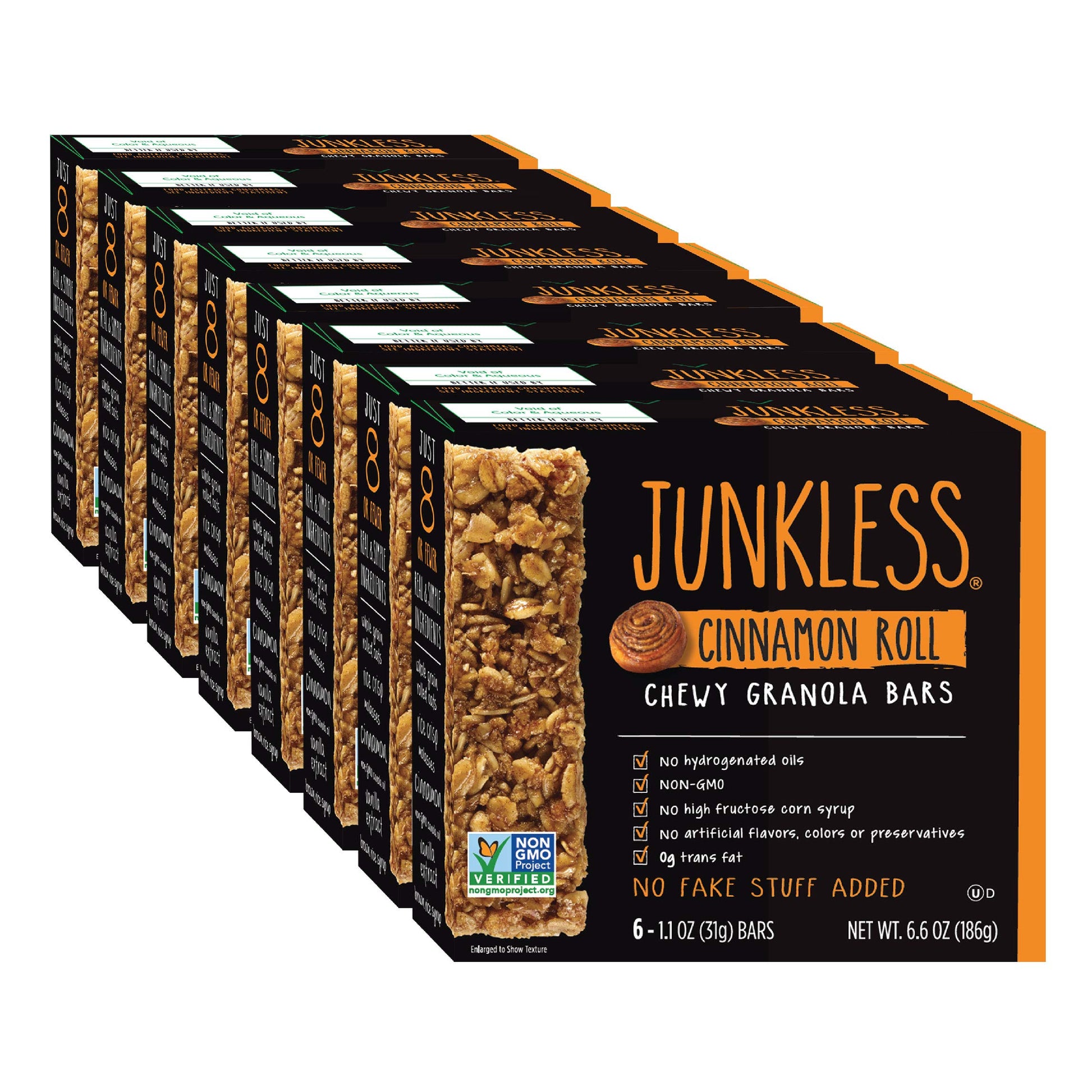 Junkless Chewy Granola Bars, Cinnamon Roll, 48 Bars (6 X 1.1 Oz Bars/Box - 8 Boxes), Non-Gmo, Low Sugar, Great Tasting, Made For Kids & Families