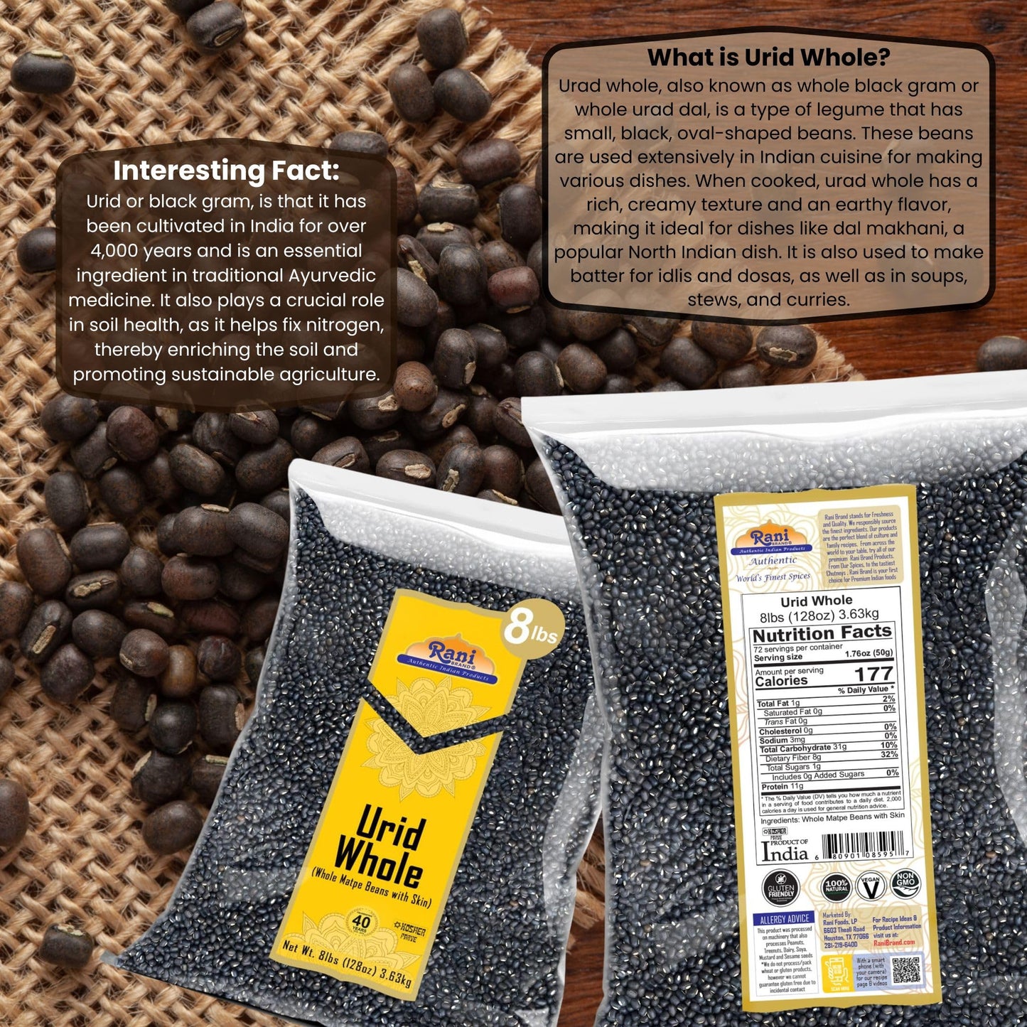 Rani Urid/Urad Whole Black (Matpe Beans with Skin) Indian Lentils 128oz (8lbs) 3.63kg Bulk ~ All Natural | Gluten Friendly | Non