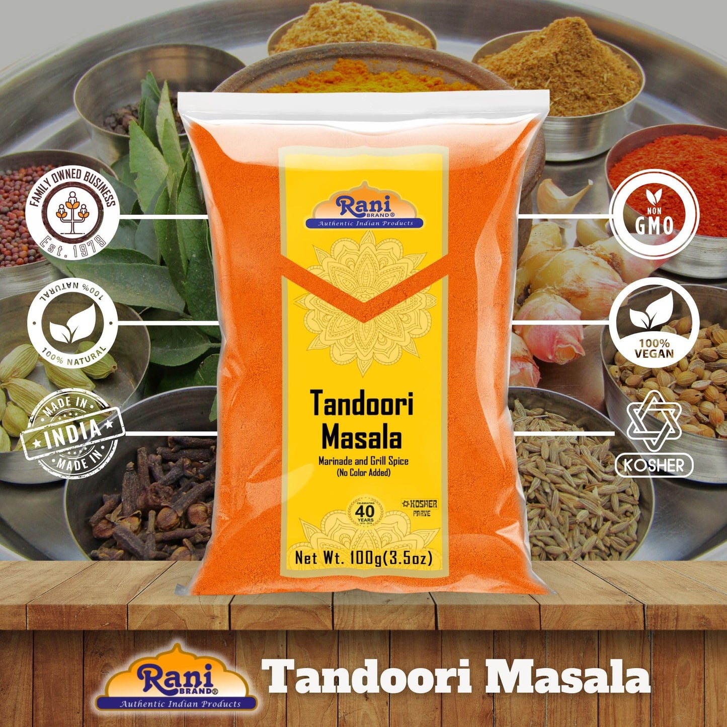 Rani Tandoori Masala 11-Spice Blend, Salt Free, Vegan, Gluten Friendly, 3.5oz (100g) - Natural, No Colors Added, Indian Origin