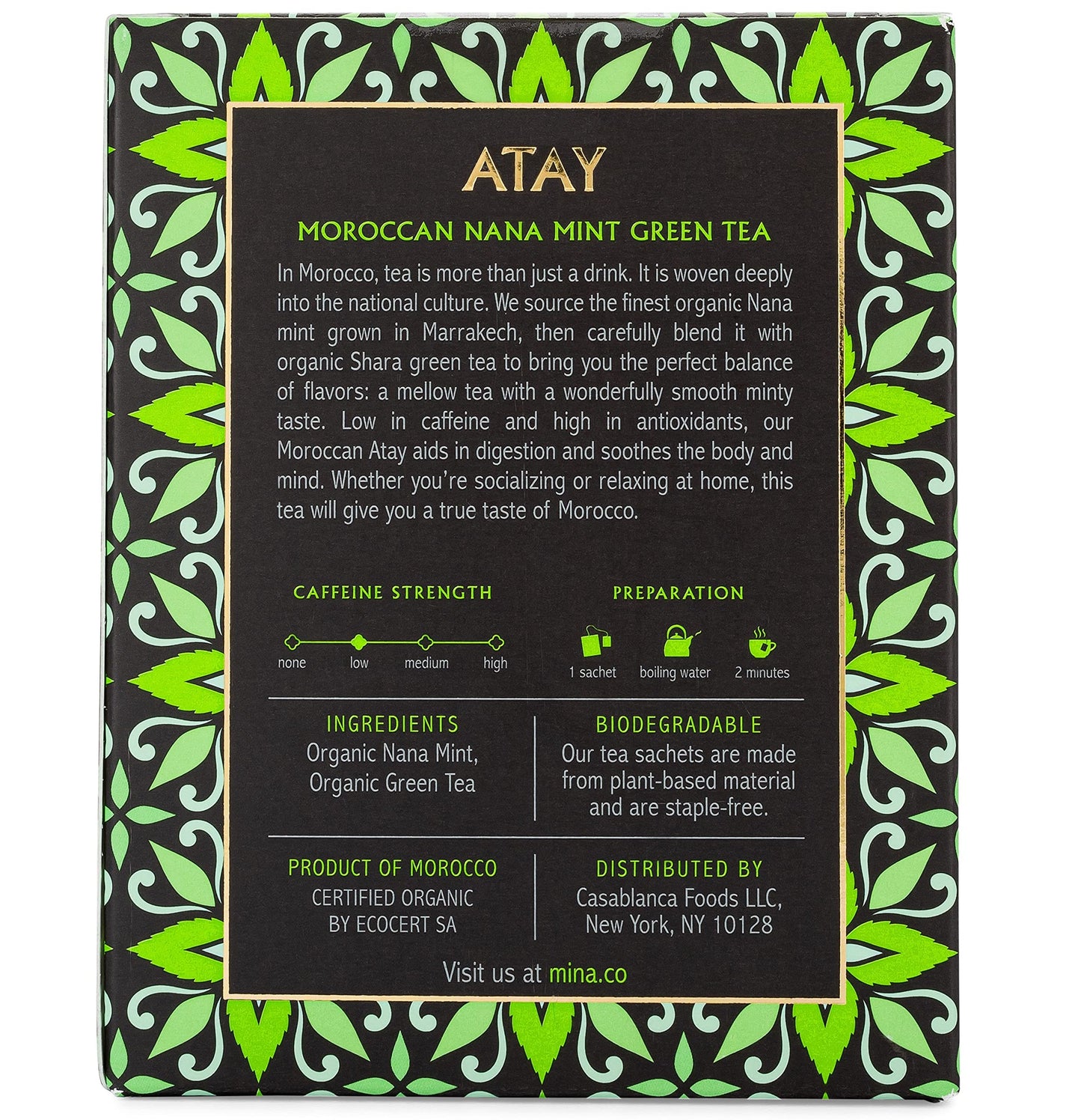 Mina Organic Moroccan Nana Mint Green Tea Bags, 15 Biodegradable Sachets, 6 Pack (90 Count) - Low Caffeine Refreshing Green Tea