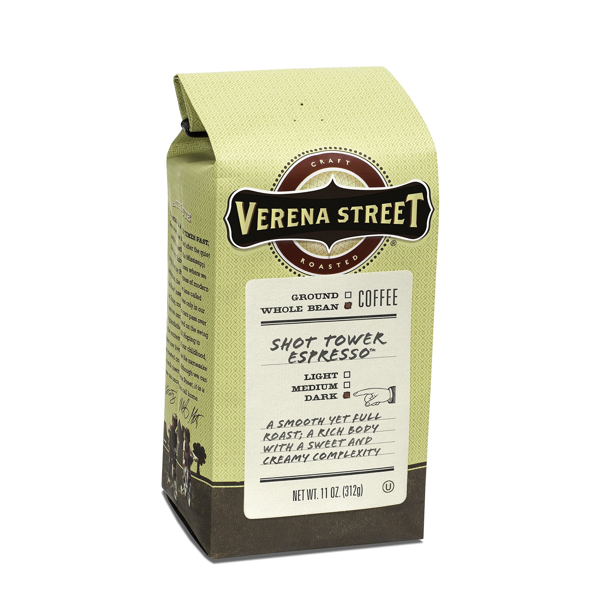 Verena Street Shot Tower Espresso Beans, Whole Bean Dark Roast, 11 Ounce, Rainforest Alliance Certified