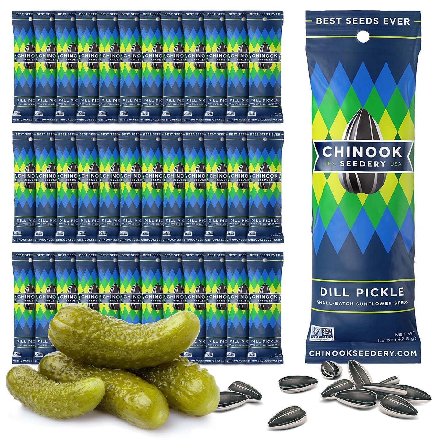 Chinook Seedery Roasted Sunflower Seeds To Eat - 1.5 Oz (Pack Of 36) Dill Pickle - Jumbo Low Sodium Sunflower Seeds Keto Snacks - Adventure, Baseball, School Snacks - Gluten Free, Non Gmo Snacks