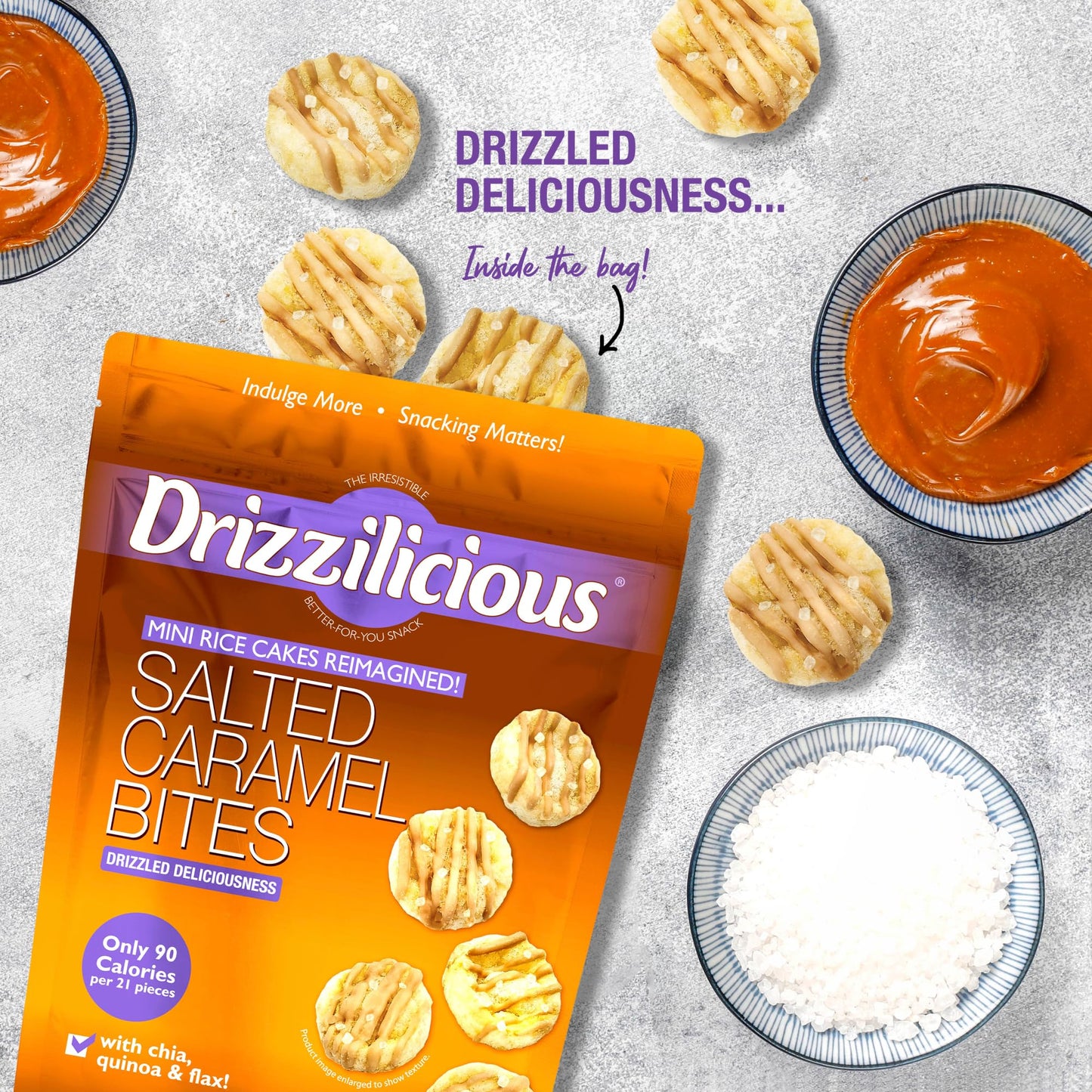 Drizzilicious Mini Rice Cakes Salted Caramel - Rice Crisps, Healthy Snack For Mature-Themeds & Kids, Flavored Rice Cakes, Vegan, Gluten Free, Allergen Free, 90 Calories Per Serving- 4 Oz (Pack Of 6)